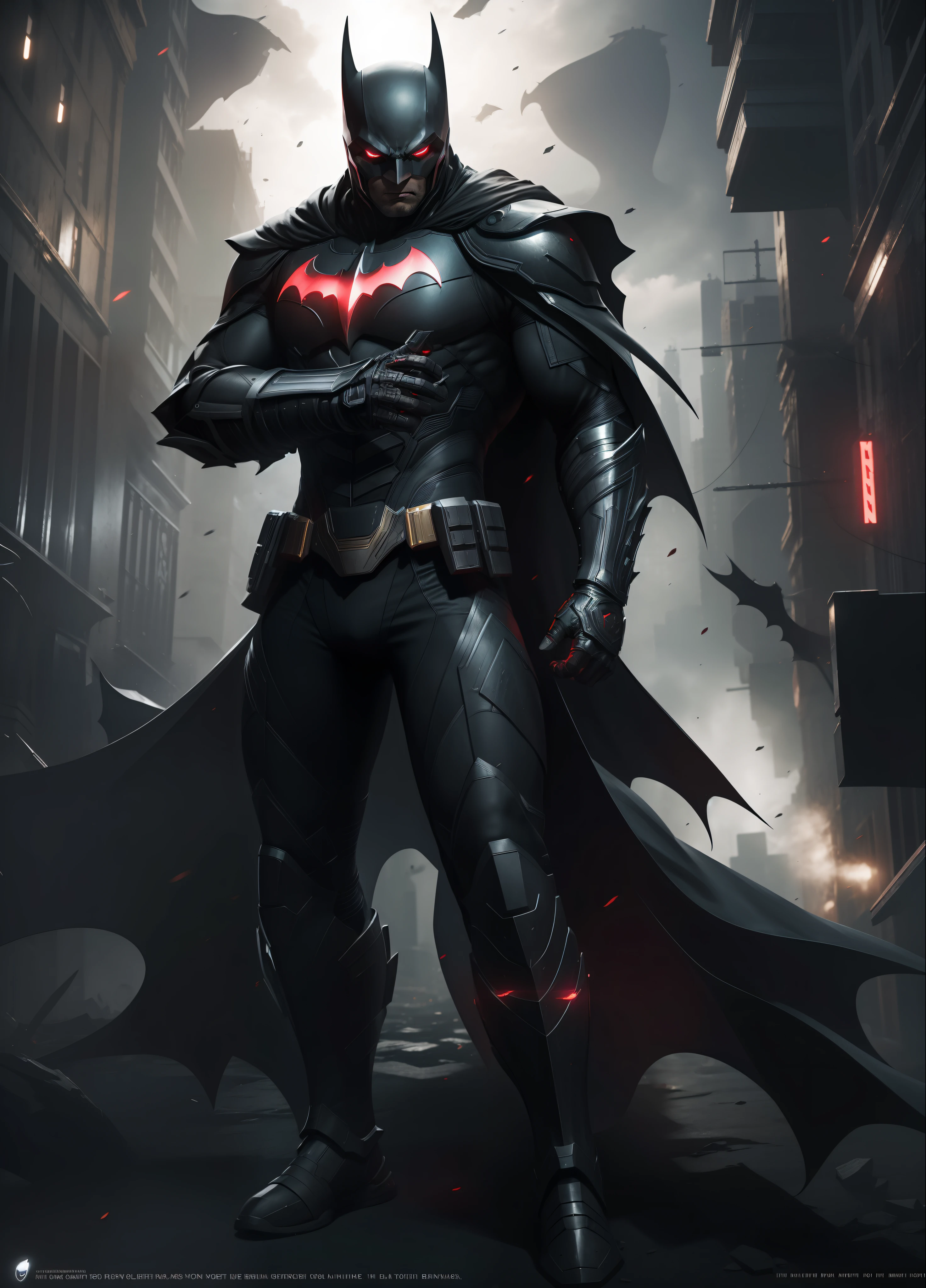 (best quality, ultra-detailed CG unity 8k wallpaper), Batman, armored suit, red glowing eyes, dark atmosphere.