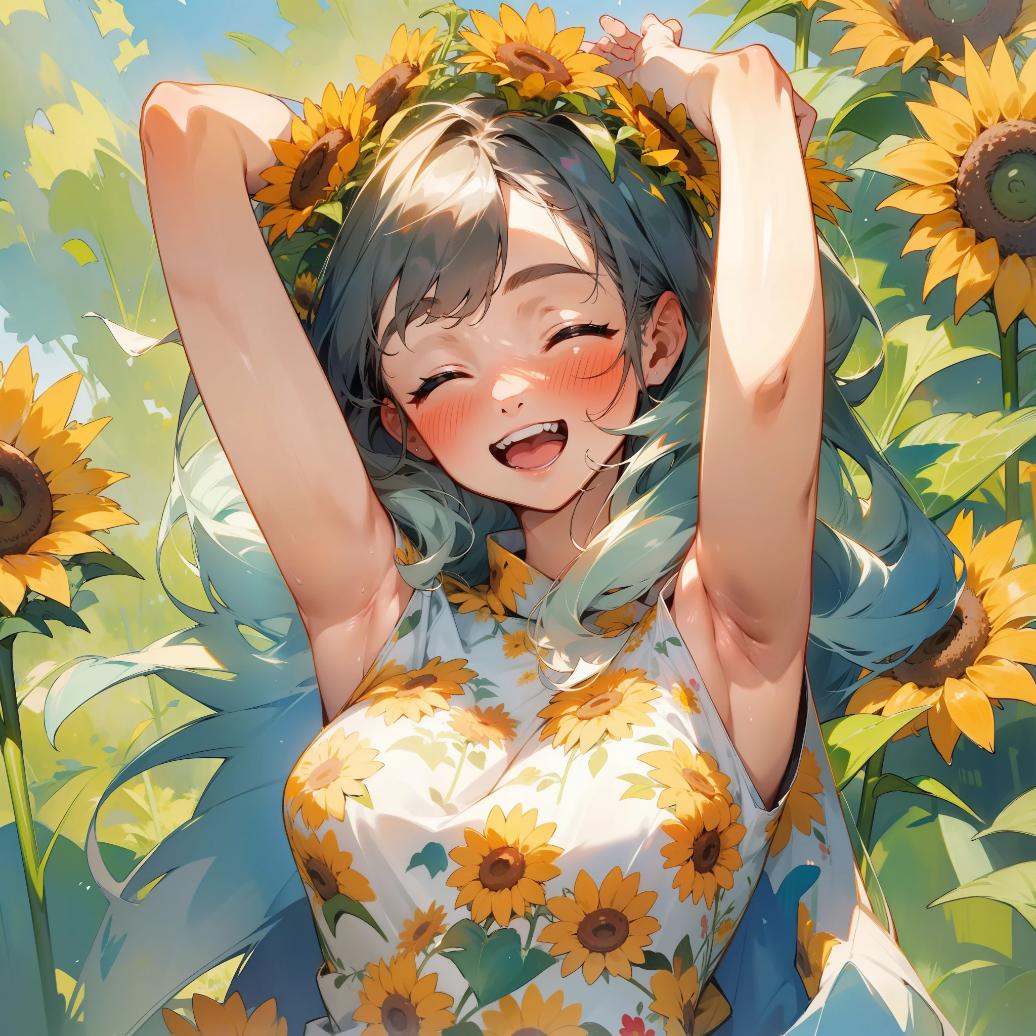 watercolor, 1girl, solo, flower, closed eyes, smile, blush, floral print, open mouth, long hair, upper body, arm up, dress, shirt, sunflower, armpits, teeth, ^_^