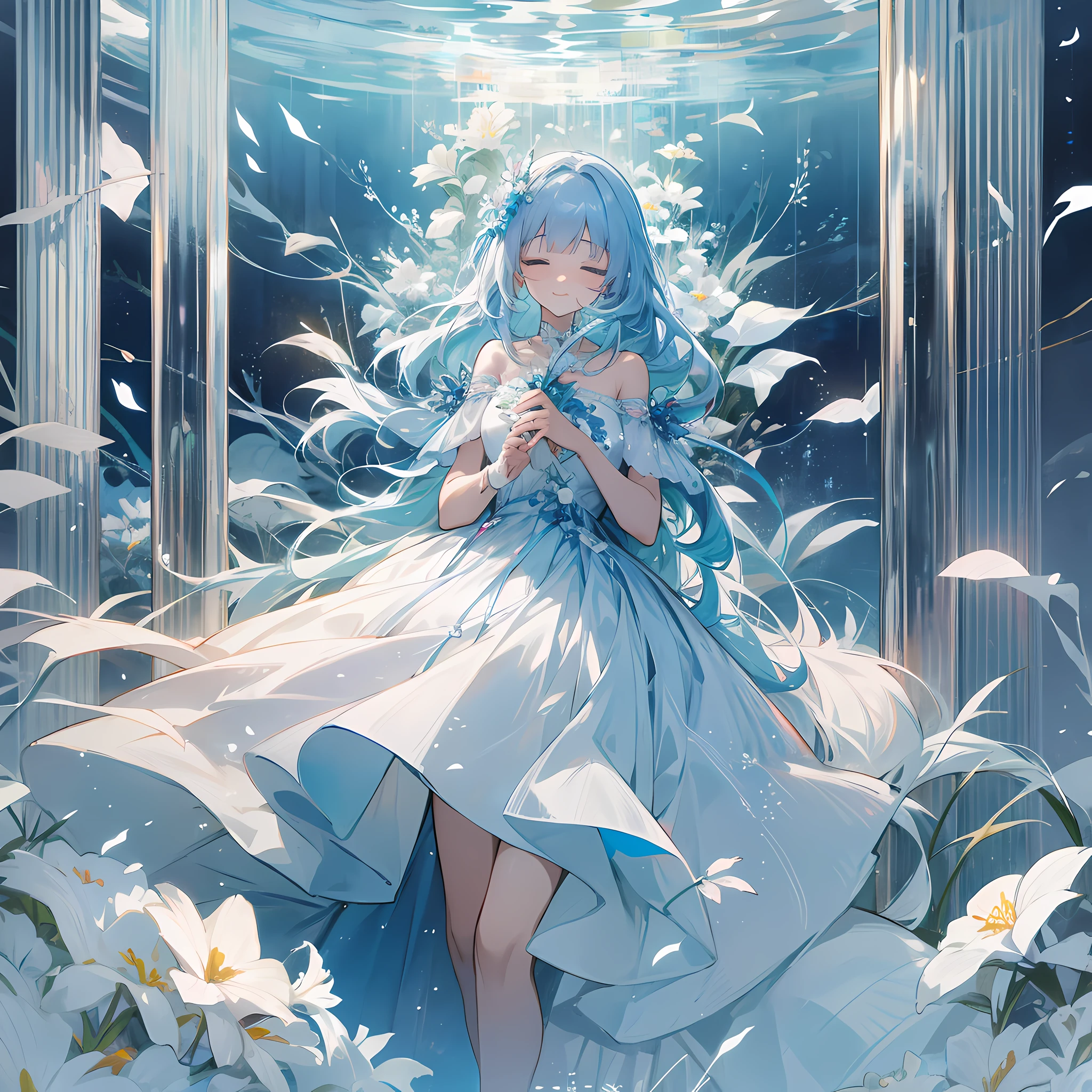 She stood in a white space, surrounded by a sea of flowers, fragrant. She wore a long white dress with her hair draped over her shoulders. She looked at a transparent screen on the opposite side with her system on it. She smiled and said, "Thank you." Then, she closed her eyes and her body disappeared into a sea of flowers. The system also disappeared, and it went with her.