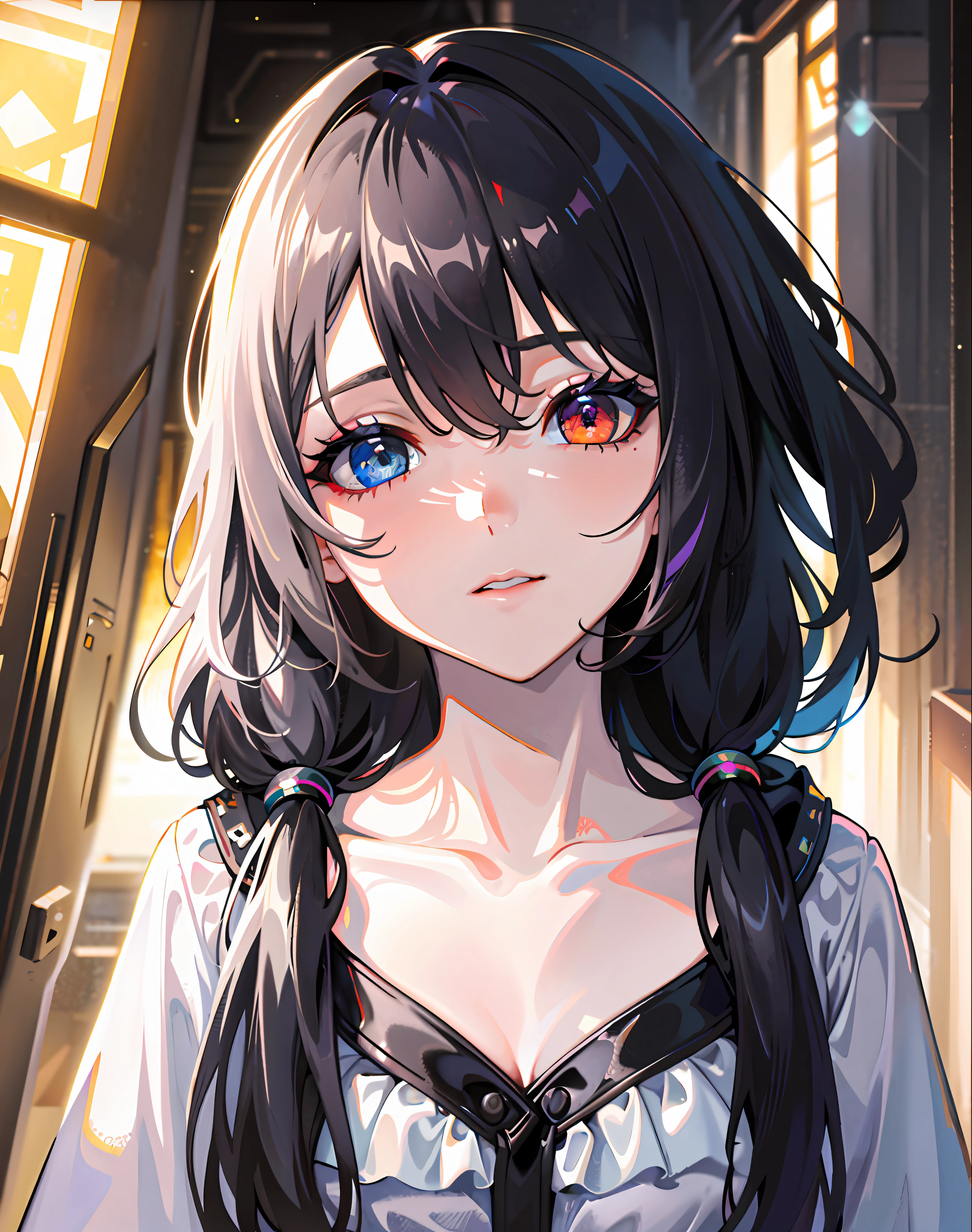 {{masterpiece}}, best quality, very detailed CG unity 8k wallpaper, movie lights, lens flares, beautiful details eyes, black, side vision, multi-colored hair, colorful light, grain, heterochromia, (color: 1.5), (color hair: 1.5), 8K