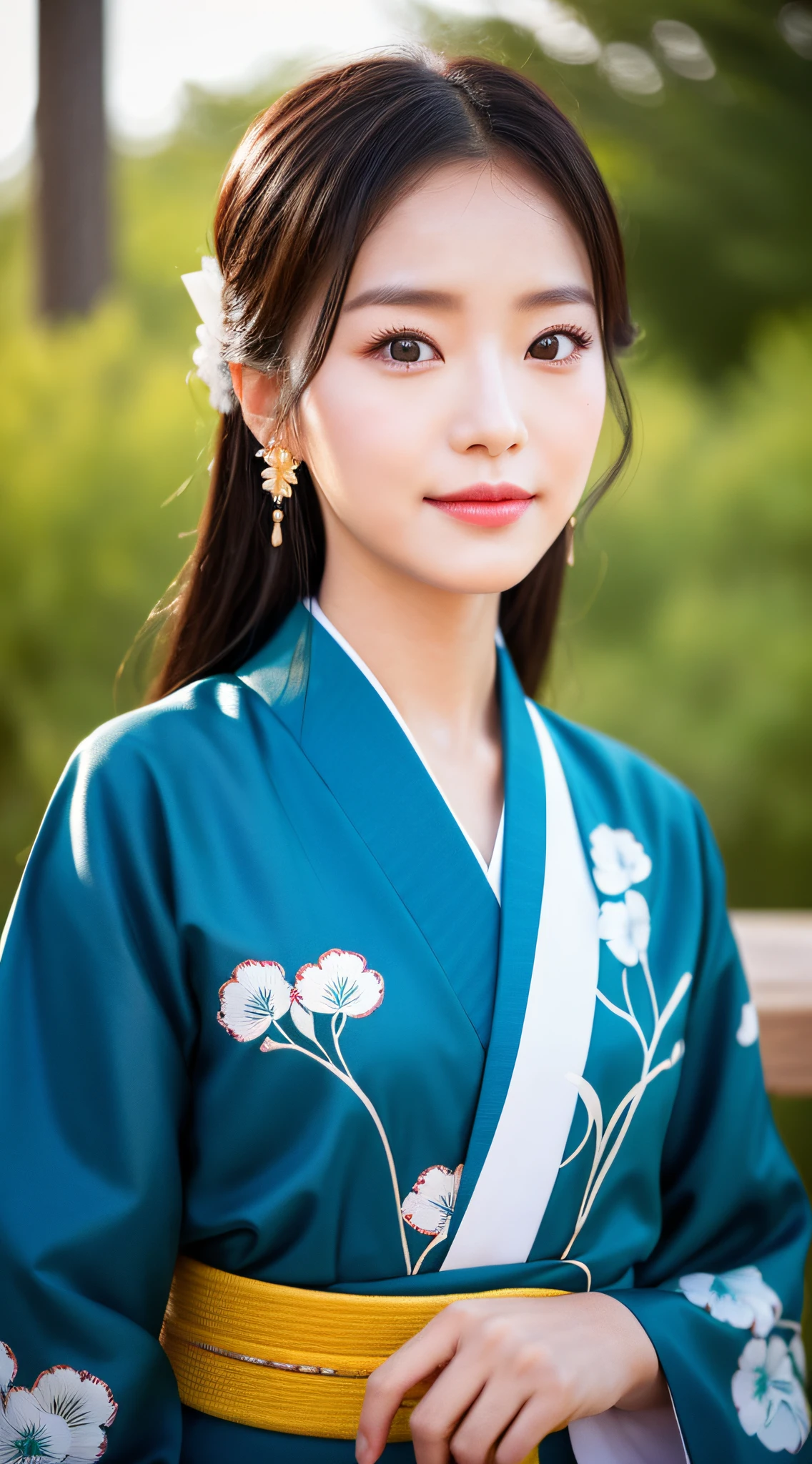 ((Top Quality, 8K, Masterpiece: 1.3)), Sharp Focus: 1.2, (Super Beautiful Face: 1.0), (Slender Abs Beauty: 1.0), (Shiny Skin: 1.0), Realistic Photography, Black Hair, Realistic Pupils, Video Lighting, High Definition Eyes and Face, Video Lighting, (Cowboy Shot: 1.3), kimono, hakama, obi, (Korean Cute Actress), in nature, traditional kimono, happy, Looking at the audience, head on,
