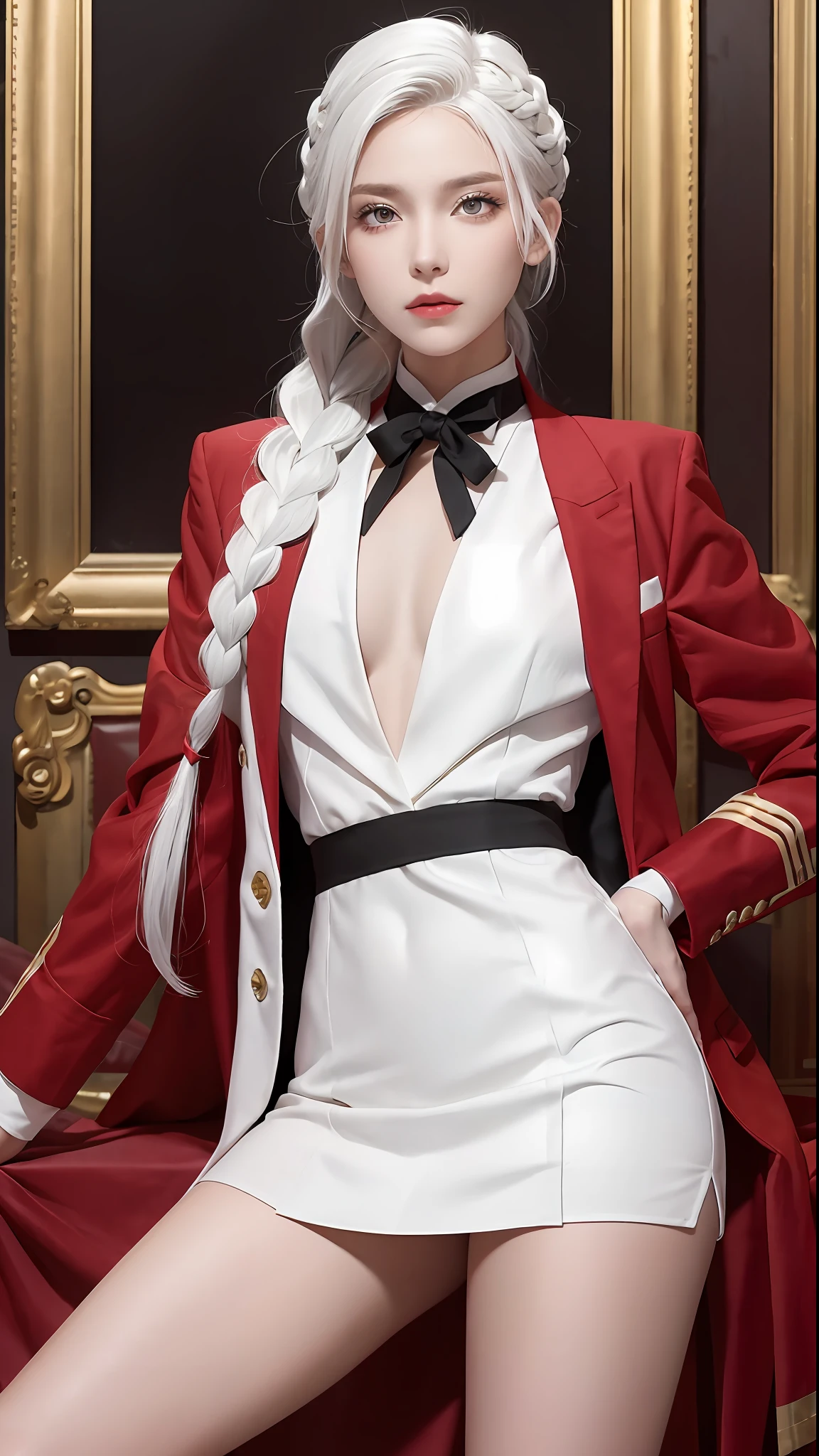 Excellent, masterpiece, white hair, golden eyes, red student suit, looking up, hair, fair skin, side braids, legs apart, clothes bulging,