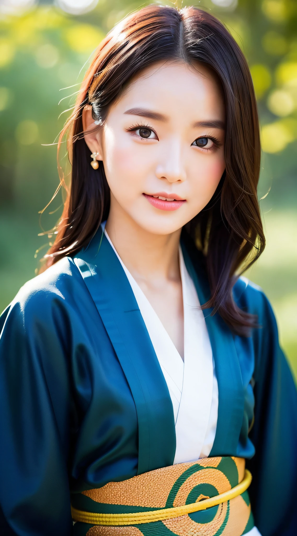 ((Top Quality, 8K, Masterpiece: 1.3)), Sharp Focus: 1.2, (Super Beautiful Face: 1.0), (Slender Abs Beauty: 1.0), (Shiny Skin: 1.0), Realistic Photography, Black Hair, Realistic Pupils, Video Lighting, High Definition Eyes and Face, Video Lighting, (Cowboy Shot: 1.3), kimono, hakama, obi, (Korean Cute Actress), in nature, traditional kimono, happy, Looking at the audience, head on,