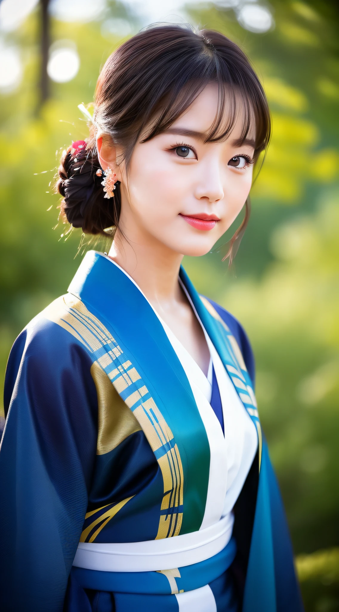 ((Top Quality, 8K, Masterpiece: 1.3)), Sharp Focus: 1.2, (Super Beautiful Face: 1.0), (Slender Abs Beauty: 1.0), (Shiny Skin: 1.0), Realistic Photography, Black Hair, Realistic Pupils, Video Lighting, High Definition Eyes and Face, Video Lighting, (Cowboy Shot: 1.3), kimono, hakama, obi, (Korean Cute Actress), in nature, traditional kimono, happy, Looking at the audience, head on,