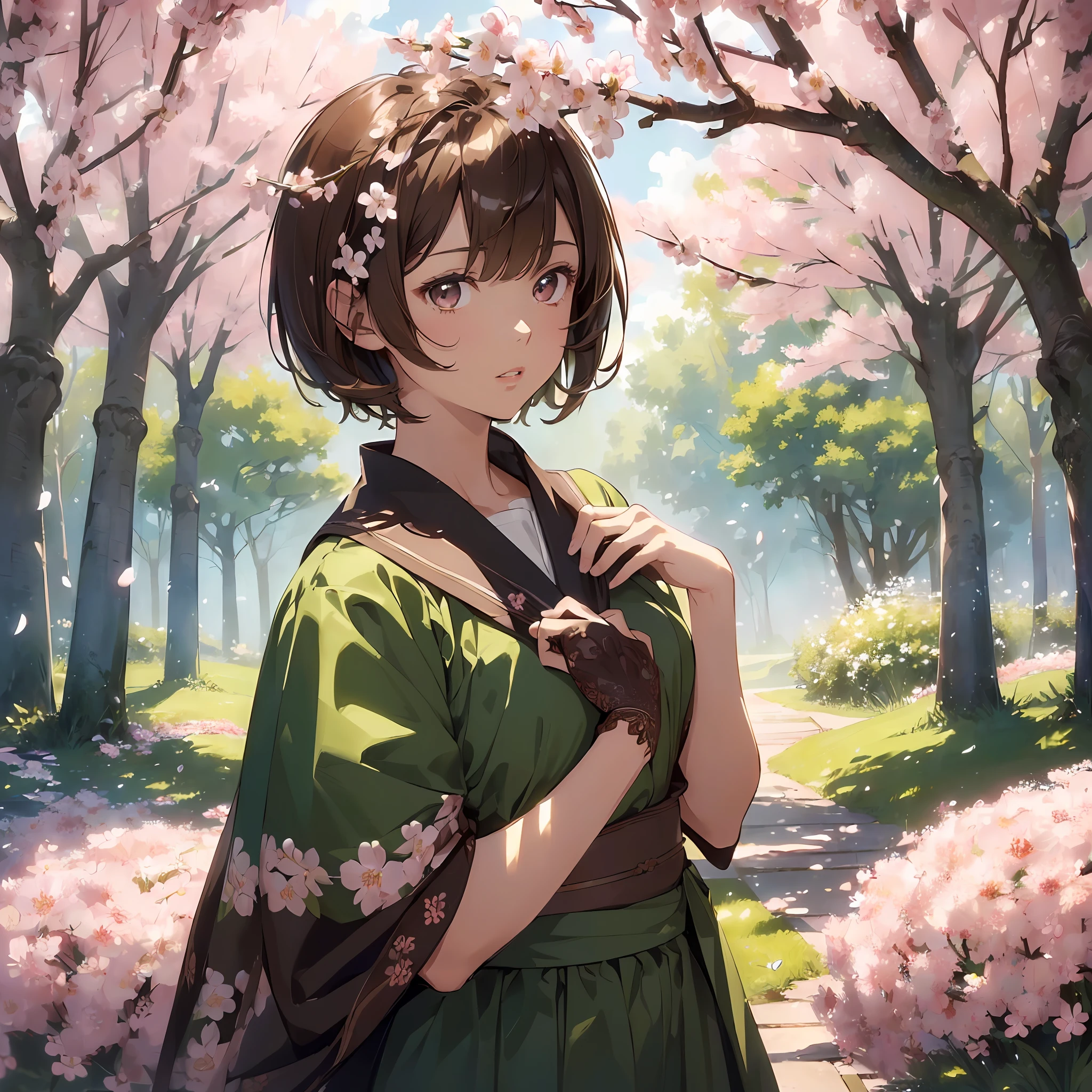 (((Masterpiece)), ((Ultra Detailed)), pixiv, Best Shadow, Best Lighting, Best Quality, Absurd, High Resolution, Film Shooting, Edge Lightning, Solo, Short Hair, Brown Hair, 1 Girl, Petals, Looking at the Audience, Parted Lips, Flower, Brown Eyes, Sideways, Sakura Blossoms, Bangs, Green Forest, Hands Up, Portrait