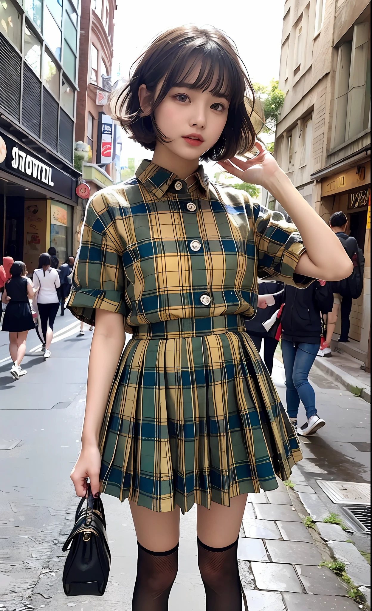 The scenery is a street lined with clothes stores. Meanwhile, a young girl is standing. She wore a loose ruffled shirt and a tartan checked pleated skirt. On her feet, she wears black Converse sneakers. Her hair is a short bob cut with thick bangs, which are aligned. The girl is looking around with a curious expression and seems to be preparing for a new adventure. With details that are exquisitely reproduced down to the smallest detail, please express her expression and even the texture of the fabric of the clothes. In the highest quality, draw a full-length picture of her as a fashionable, fashion snap model.