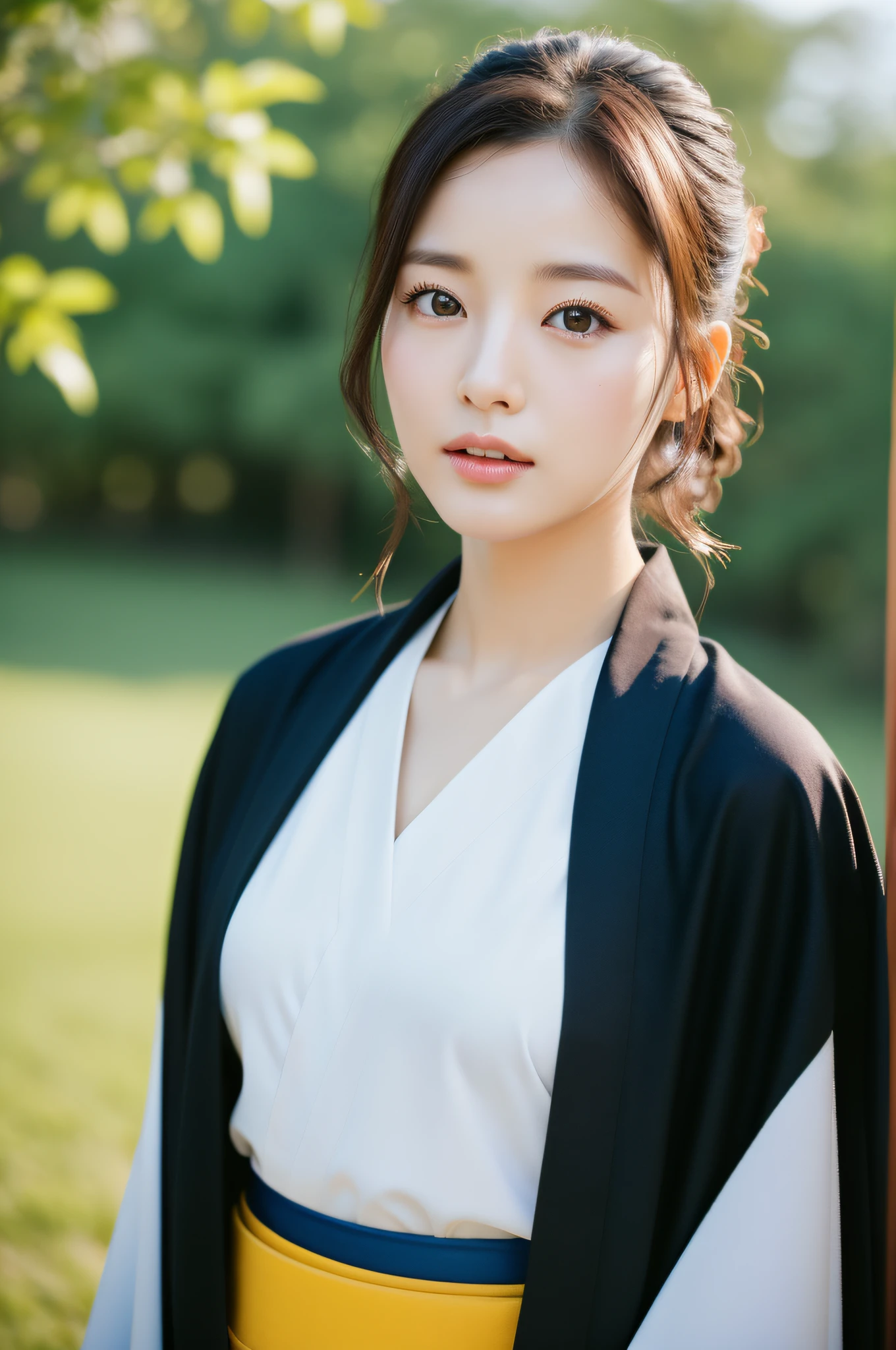 ((Best Quality, 8K, Masterpiece: 1.3)), Sharp Focus: 1.2, (Super Beautiful Face: 1.0), (Glossy Skin: 1.0), Realistic Photos, Black Hair, Realistic Pupils, Movie Lighting, Highly Detailed Eyes and Faces, Movie Lighting, (Cowboy Shot: 1.0), (Kimono, Hakama, Obi: 1.15), In Nature, (Korean Cute Actress)