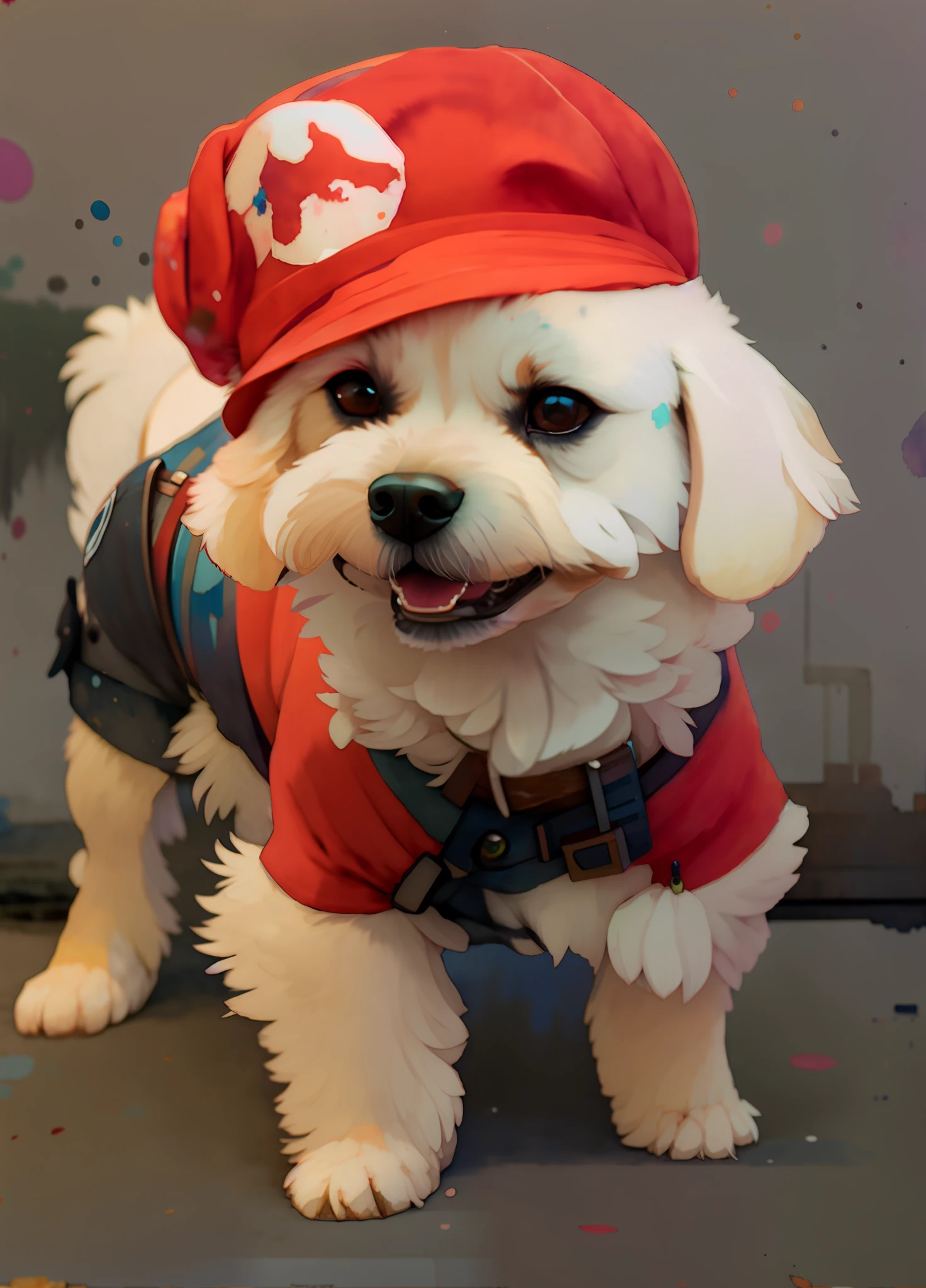 wtrcolor style, Digital art of (dog character), official art, frontal, smiling, masterpiece, Beautiful, ((watercolor)), face paint, paint splatter, intricate details. Highly detailed, detailed eyes, [dripping:0.5], Trending on artstation, by Rachel Walker