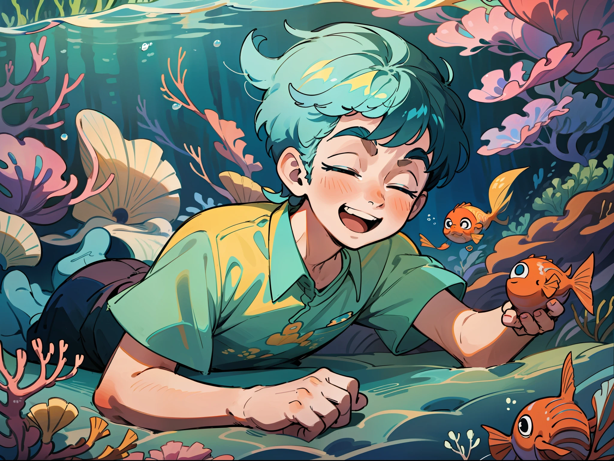 Under the sea, handsome little boy lying on his stomach, wearing short-sleeved shorts, feet up, upper body and face close-up, low perspective, little boy laughing happily, little boy with his head down, holding shells and pearls in his hands, wonderful underwater nature, picture book style, aesthetic, HD, fish floating, dream, illustrations
