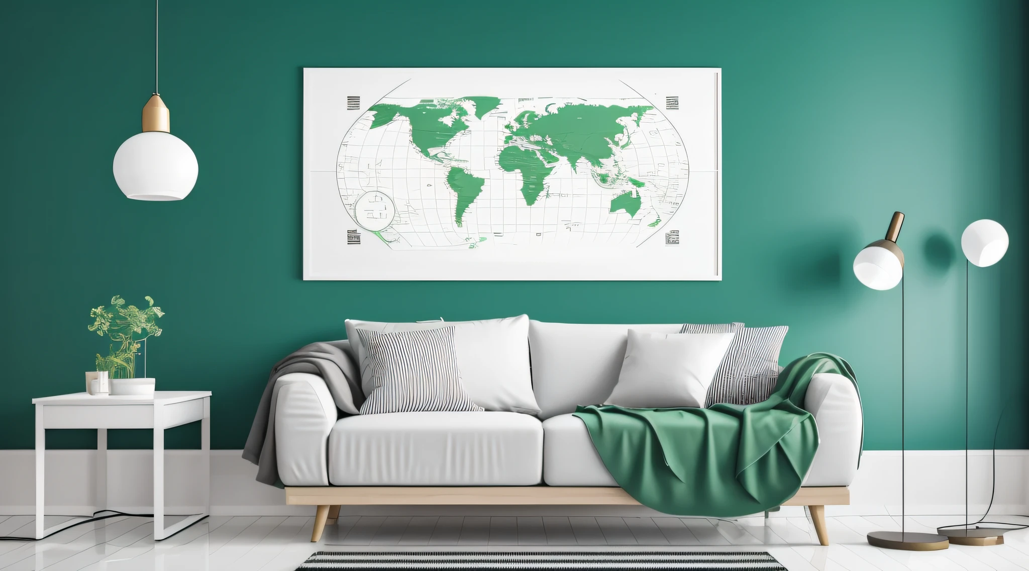 Home improvement poster basemap, white clean background wall, green textured sofa with table lamp and other decorations
