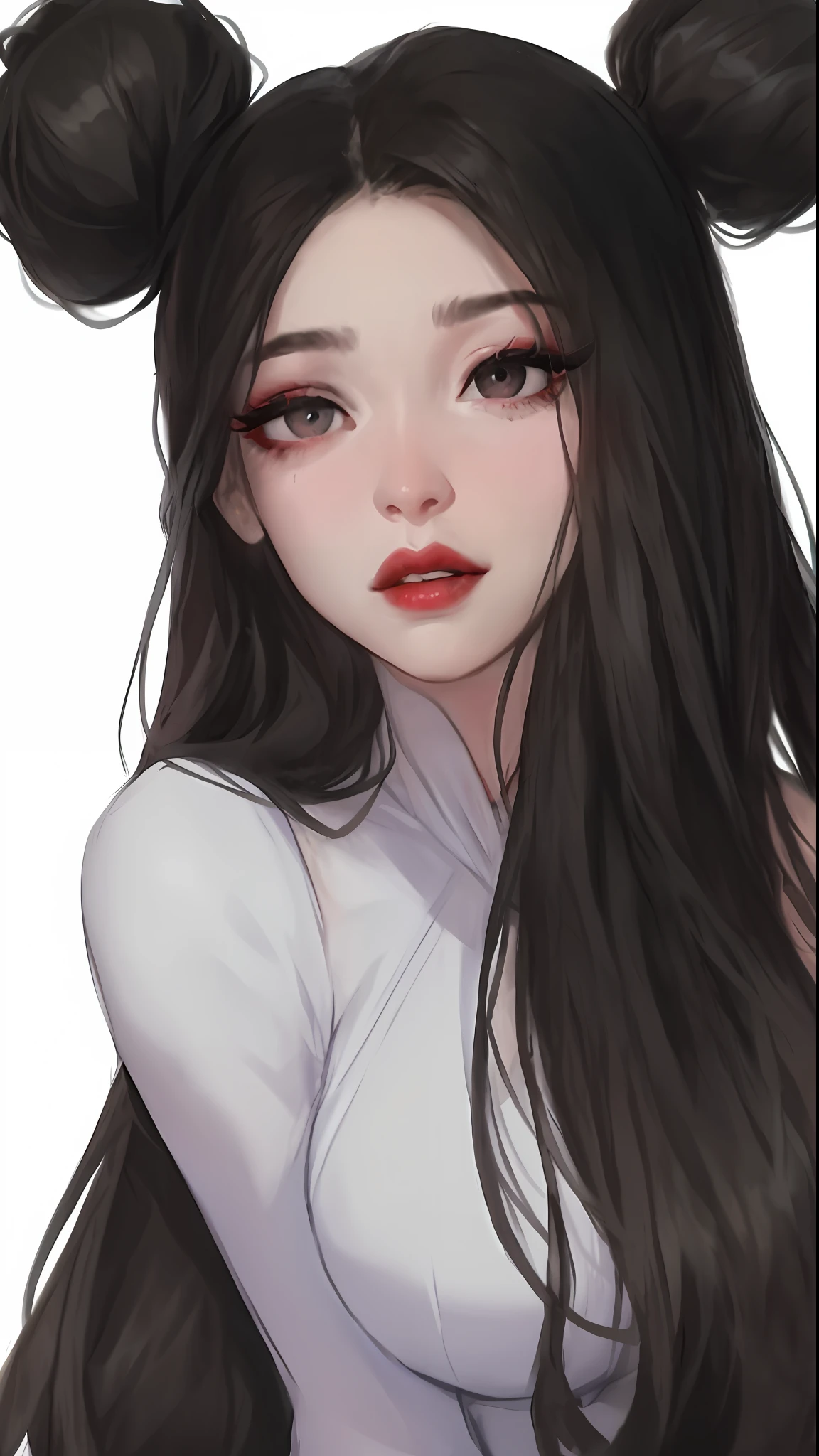 best quality, super fine illustration,white background,1woman, beautiful long black hair, beautiful gray big striking eyes,beautiful forehead, tear bags, droopy eyes, porcelain-like skin, blush under the eyes, red tip of the nose, long false eyelashes, red lips, glossy lips , black clothes