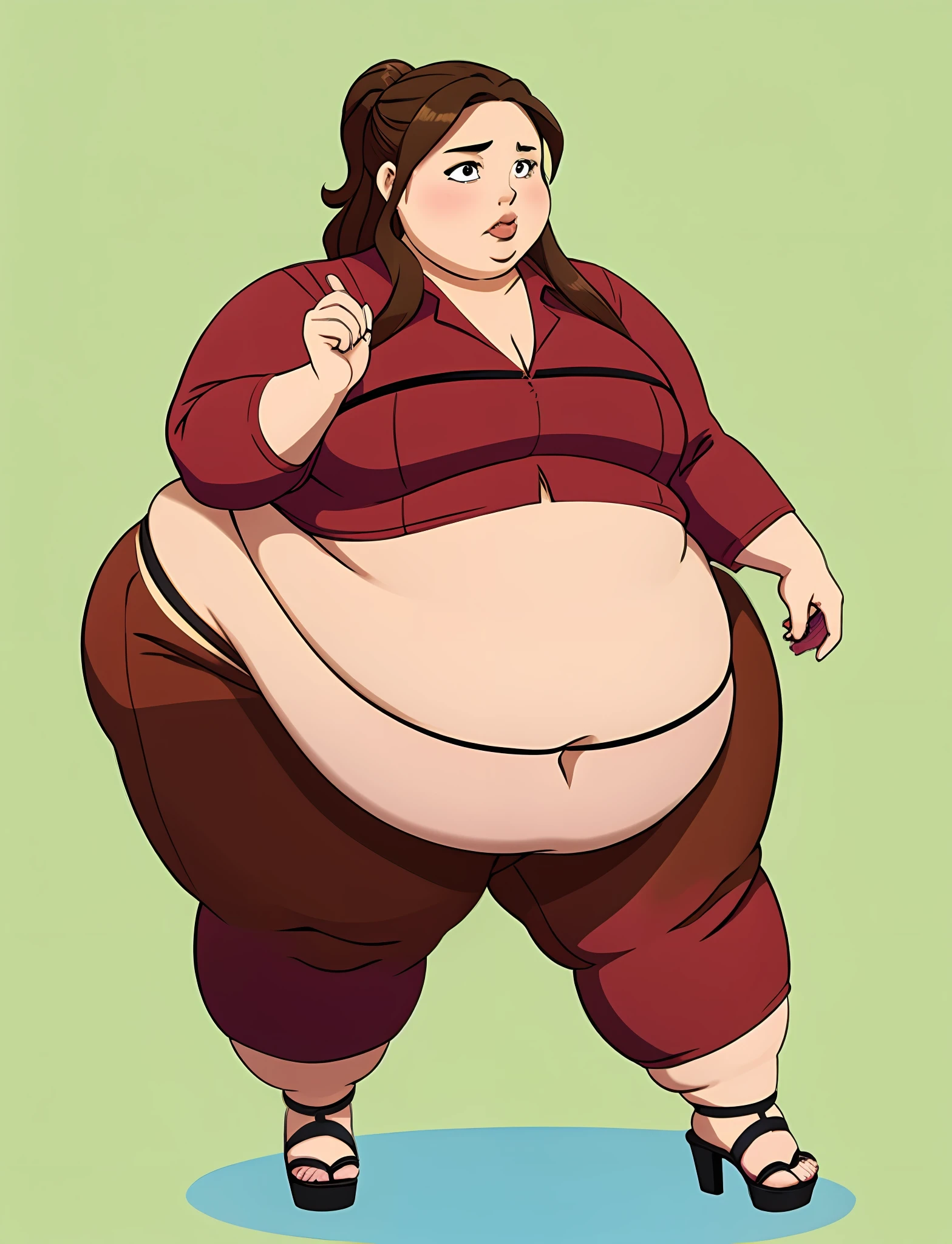 a cartoon of a fat woman with a large belly, with long flowy brown hair. wearing a tight black latex pants and a red button up shirt and Clear Strap Platform Stiletto Heeled Mule Sandals, Fashion Summer Heeled Sandals., 1girl, solo, massively obese, extremely obese, immobilized from fat, thicc, she has a jiggly fat round belly, her belly is fat and round, small curvy loli, big stomach, thicc build, oppai proportions, body swelling about to explode, bloated, cel shaded!!!, oppai, bbwchan, insanely inflated belly, belly hanging past thighs onto knees, belly is over 500 pounds