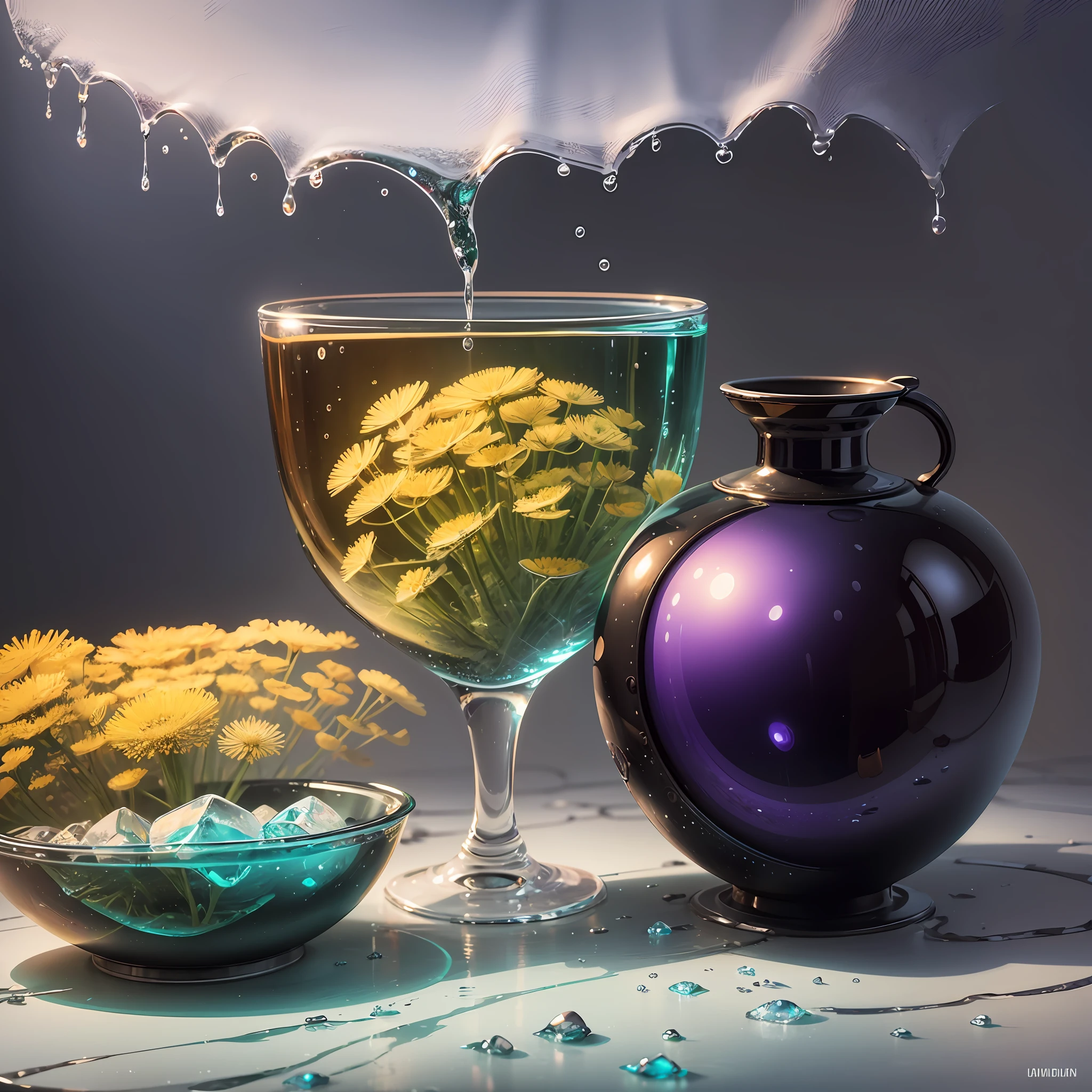 Computer Visualized Graphics, Realistic Fantasy, Extensive Landscape Ultrasound Photography (general view showing glass glass, water, ice, medushchev, dandelions, snags,), blurred background, gloomy, yellow, green, purple background, pink, warm, magic, "Hyper-realistic textures," "Precise details," "Realistic still life," "Realistic portraits," "Realistic landscapes."
-auto --s2