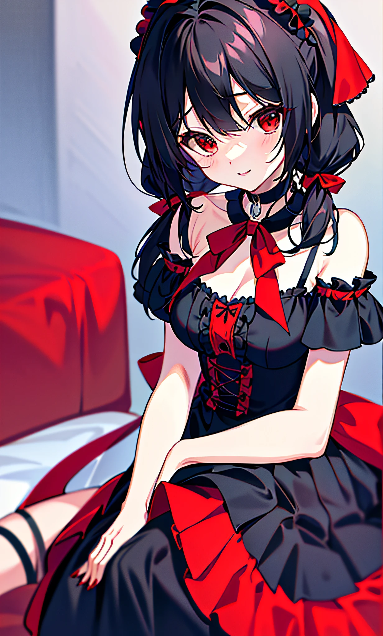 Background Plain, (Masterpiece))), (((Best Quality))), (((Very Detailed))), Detailed Fingers, Illustration, 1 Girl, Solo, Black Hair Twin Tails, Red Eyes, Black Choker with Red Ribbon, Wide Open Chest, Cleavage, Red Sleeveless Goth Loli Costume with Black Ruffles, Black Sleeves with Red Ruffles Revealing Shoulders, Red Skirt with Black Ruffles, Red headdress with black pattern, Kyozo Tokizaki,