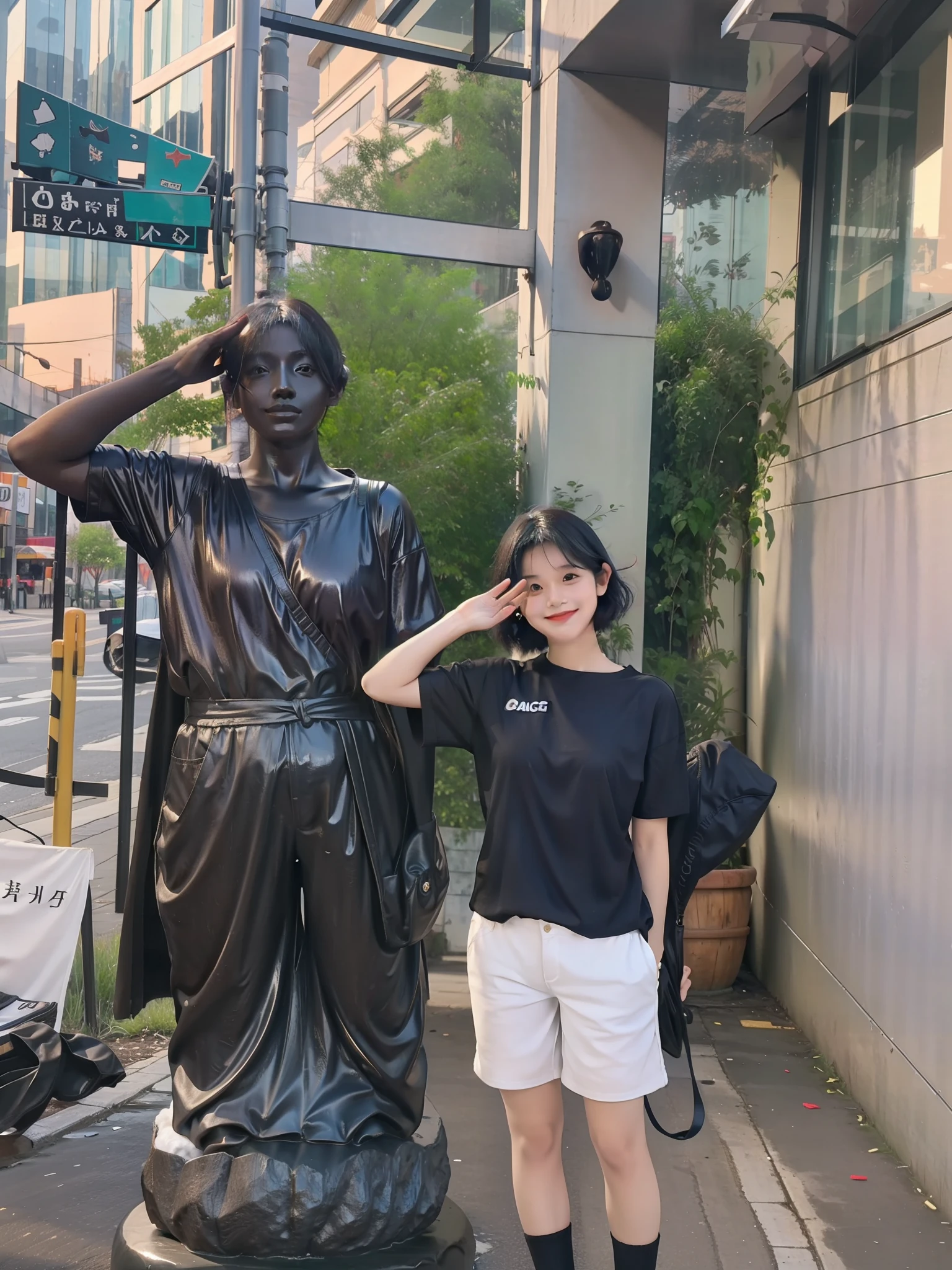 A girl stands next to the statue, smiling and saluting the camera, goose egg face, short black hair, black short sleeves, white shorts, black slippers, realistic, super real, super detailed, best picture quality, masterpiece, cinematic light and shadow