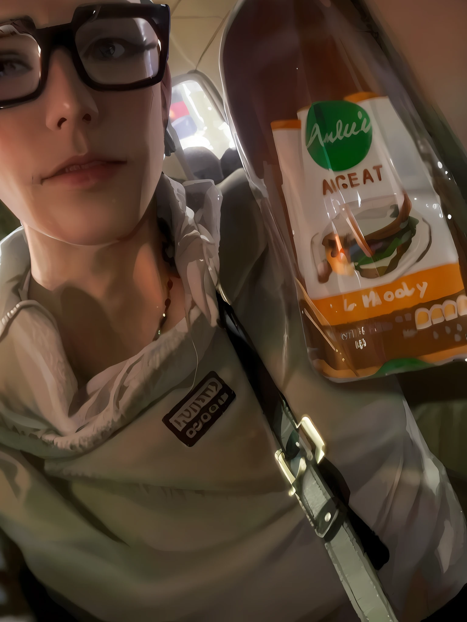 "A woman in a car at night, wearing glases, holding a bag of bread ready to eat, as captured in a Snapchat photo. The image is slightly blurred, adding a spooky element to the scene. She is holding the bag out towards the camera, making it the focal point. The photo is very accurate, and was taken in the early 2020s."