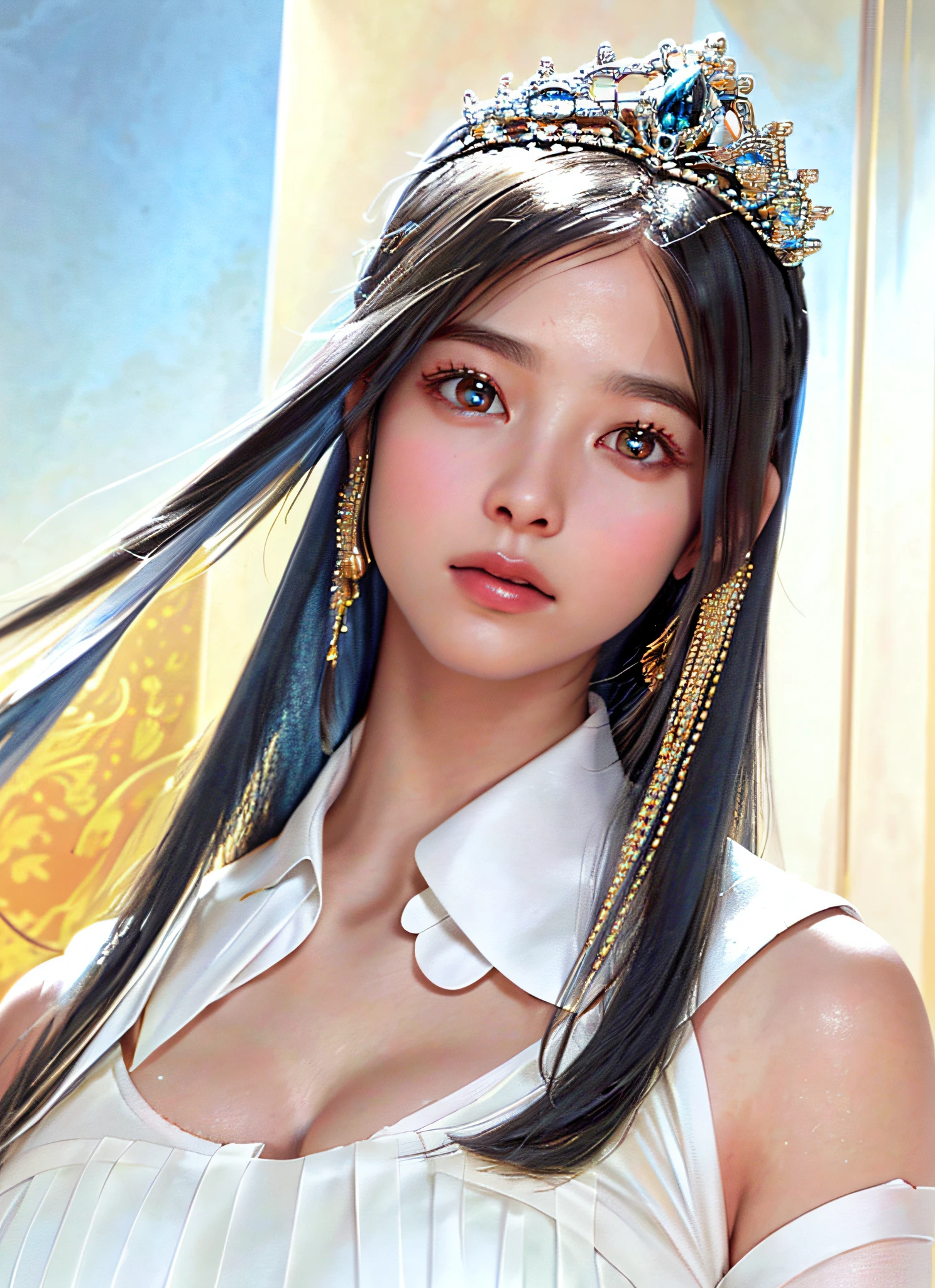 Ultra detailed complex 3D rendering of face, (big breasts: 7.8), glamour shot full body image, braless, long hair, watch viewer, Beautiful Caucasian woman with white skin with full soft breasts with big buttocks, Various poses, (((Huge breasts: 1.4)), (Very soft breasts)), RAW photos, (Highly detailed skin: 1.2), (Exposure: 1.1), bare feet, (shiny skin),(( Realistic lighting, top quality, 8K, masterpiece: 1.3)), clear focus: 1.2, 1 girl, perfect figure: 1.4, (cleavage), intricate details, effects, jeweled super detailed large crown: 1.2), (surreal), (high resolution), (8K), (very detailed), (beautiful detailed eyes), she emits soft and bright light, jewels with intricate details, 1 girl, Solo, Long Hair, Wind, Gorgeous Face, Top Quality, Masterpiece, Maximum Detail, Diffused Lighting, (Blue-Black Hair: 1.3), Valhalla Valkyrie, Beauty, Facial Muscles