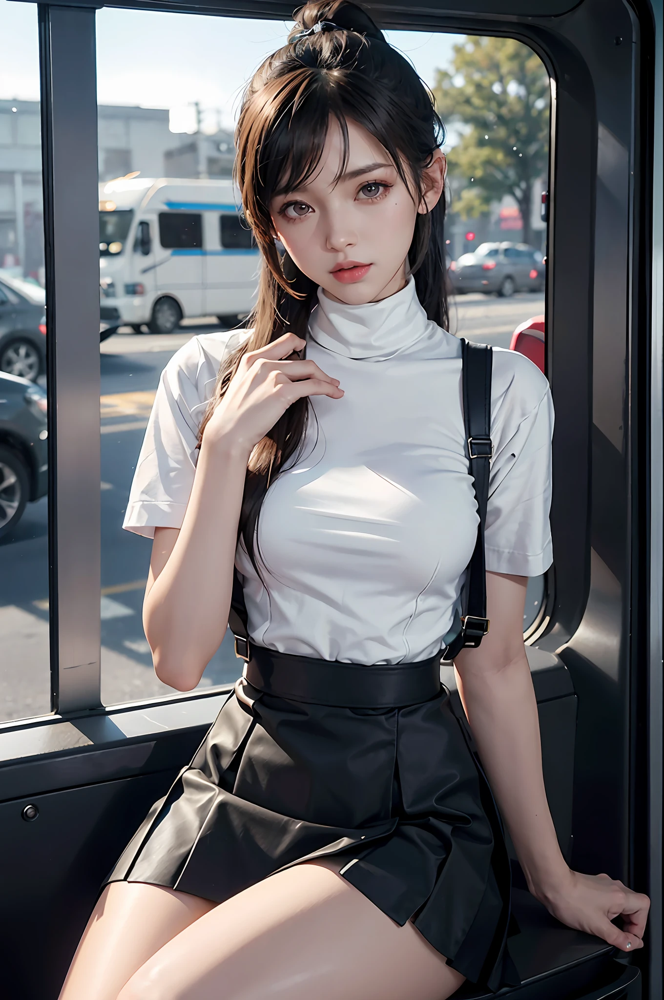 1 girl, headphones, sun glare, tifa, conservatively dressed, high ponytail, leg ring decoration, striped fashion clothes, turtleneck shirt, school uniform, bow, slave neck ring, short skirt, white translucent suspender stockings, bokeh, depth of field, blurred background, light particles, head tilt, tram interior,