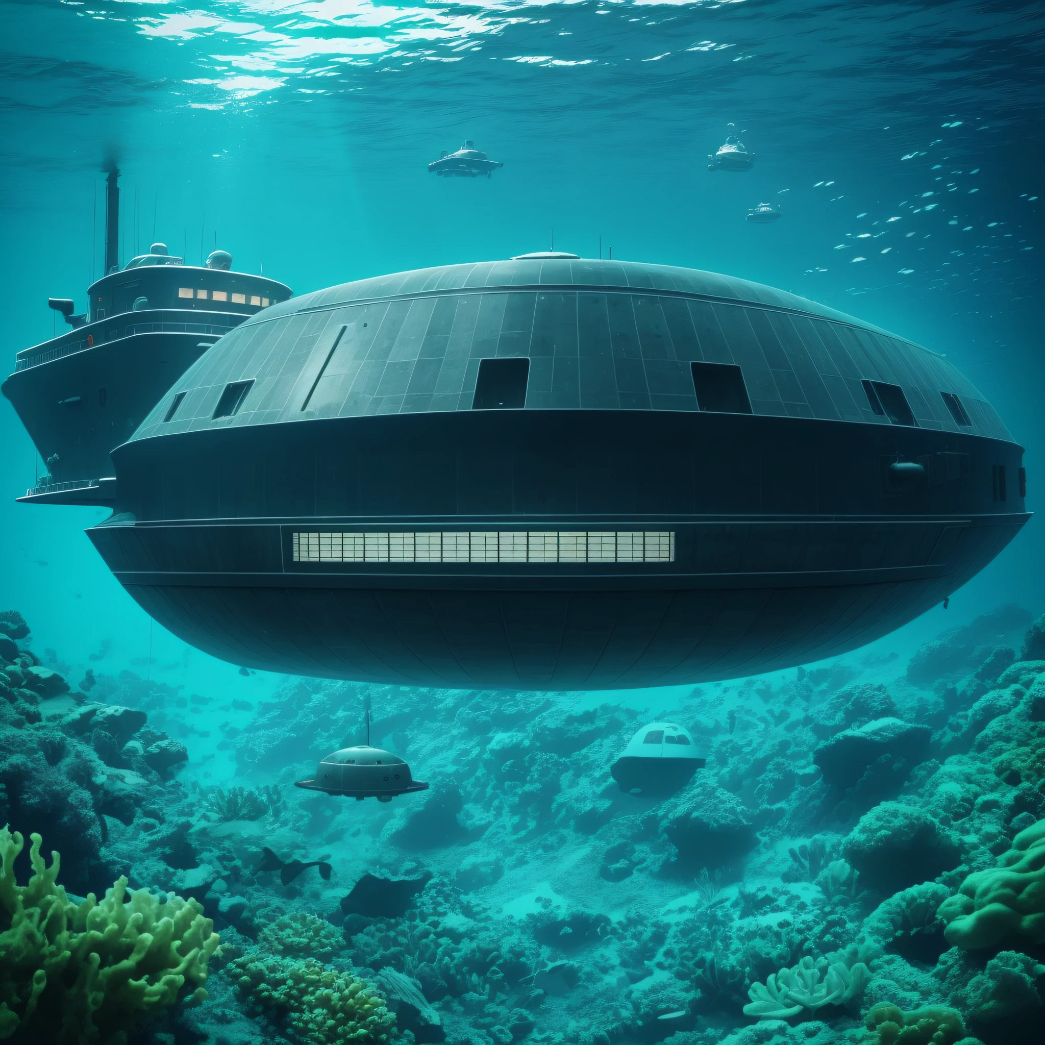 there is a submarine floating in the water with a green light, spaceship sank, ufo, volumetric underwater lighting, giant submarine, floats underwater in the sea, of a ufo propulsion system, floating vehicles, an underwater alien ocean, makes the sea area glowing water, underwater explosion, utopian space ship, suspended underwater, alien spaceship, ancient space ship, sinking underwater --auto --s2