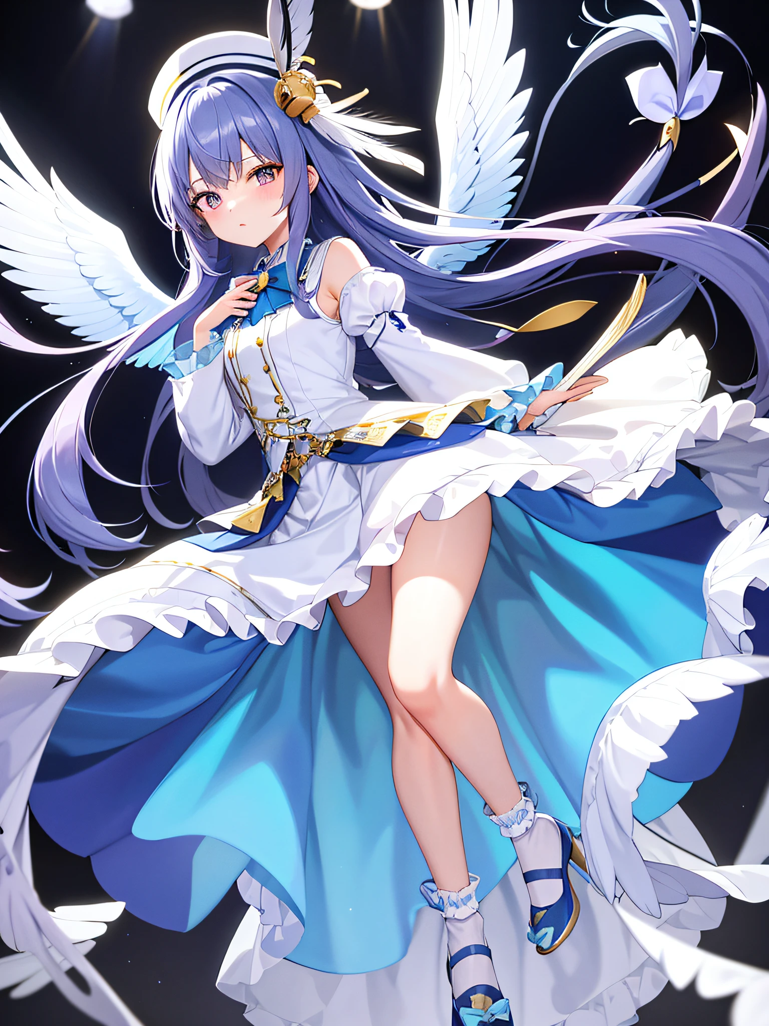 uekura, a girl, blue hair, white background, hat, skirt, blue shoes, wings, simple background, signature, flowers, nail polish, wide sleeves, long sleeves, blush, animal, white flower, solo, full body, bird, look in front of the audience, high heels, hands on their face, frills, bow, bangs, ribbon, bells, blue headdress, +_+, socks, long hair, pink eyes, shoes, feather wings,