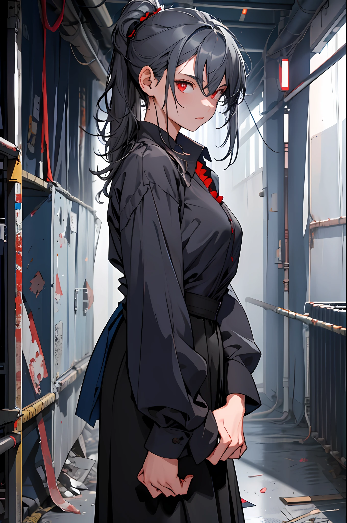 Dark blue(((1girl))), ((((solo)))), ((messy hairstyle)), standing taking a picture, (((dark gray hair)), red eyes, soft blouse