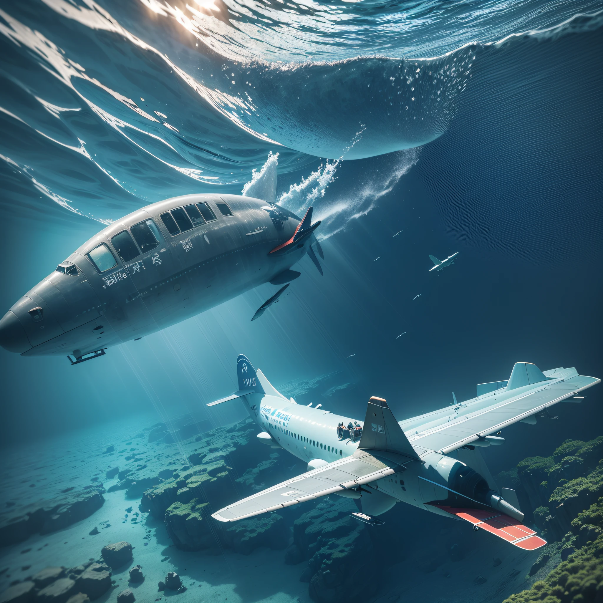 there is a man swimming in the water next to a plane, underwater photograph, submerged underwater, sinking underwater, underwater scenery, underwater photography, under water scenery, underwater photo, underwater, sunken ship, 千 葉 雄 大, aircraft, floats underwater in the sea, underwater perspective, wei wang, lu ji, beached submarine --auto --s2