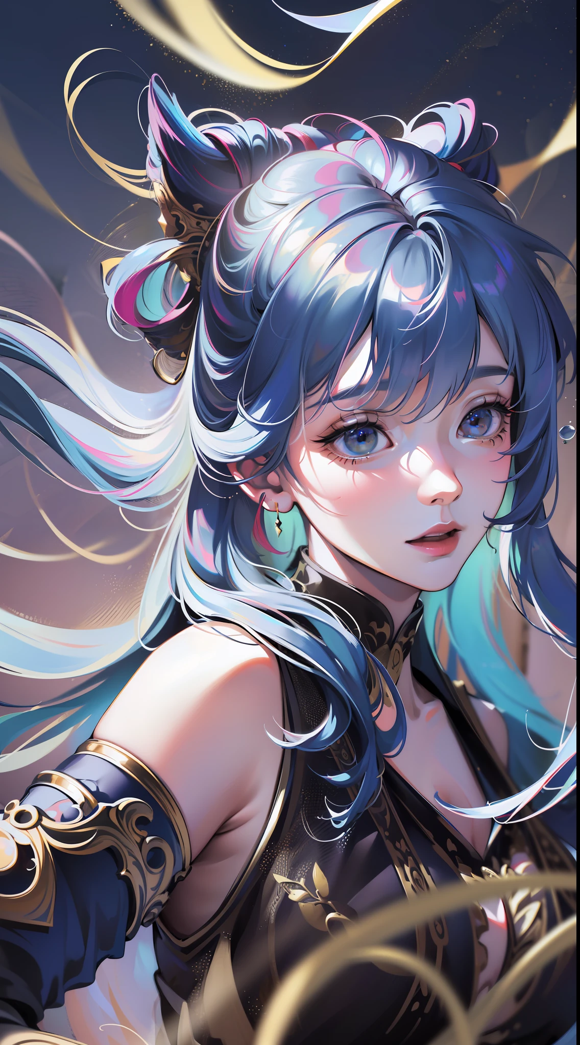 (RAW photo, best quality), (realistic, photo-realistic:1.3),best quality,highly detailed,masterpiece,ultra-detailed,illustration,1girl,upper_body,dynamic angle,world masterpiece theater,messy_long_hair,best quality,extremely detailed CG unity 8k wallpaper,ink,Amazing,cinematic lighting,lens_flare, dunhuang_style