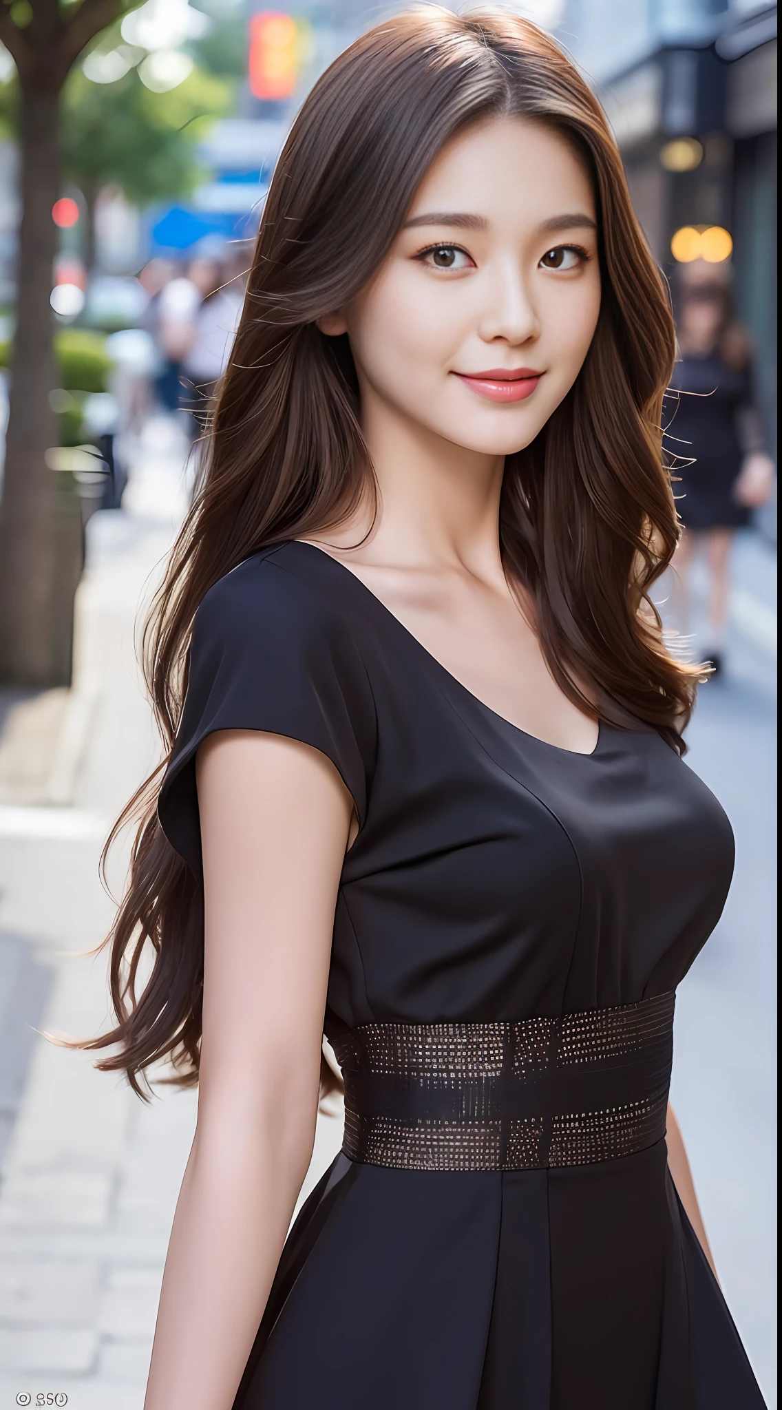 ((Best Quality, 8K, Masterpiece: 1.3)), 1 girl, smile, full body photo:2, slim face, pretty woman, (dark brown hair), full body dress :1.1, super detailed face, detailed eyes, double eyelids, blurred background, slim face, city, outside, street,