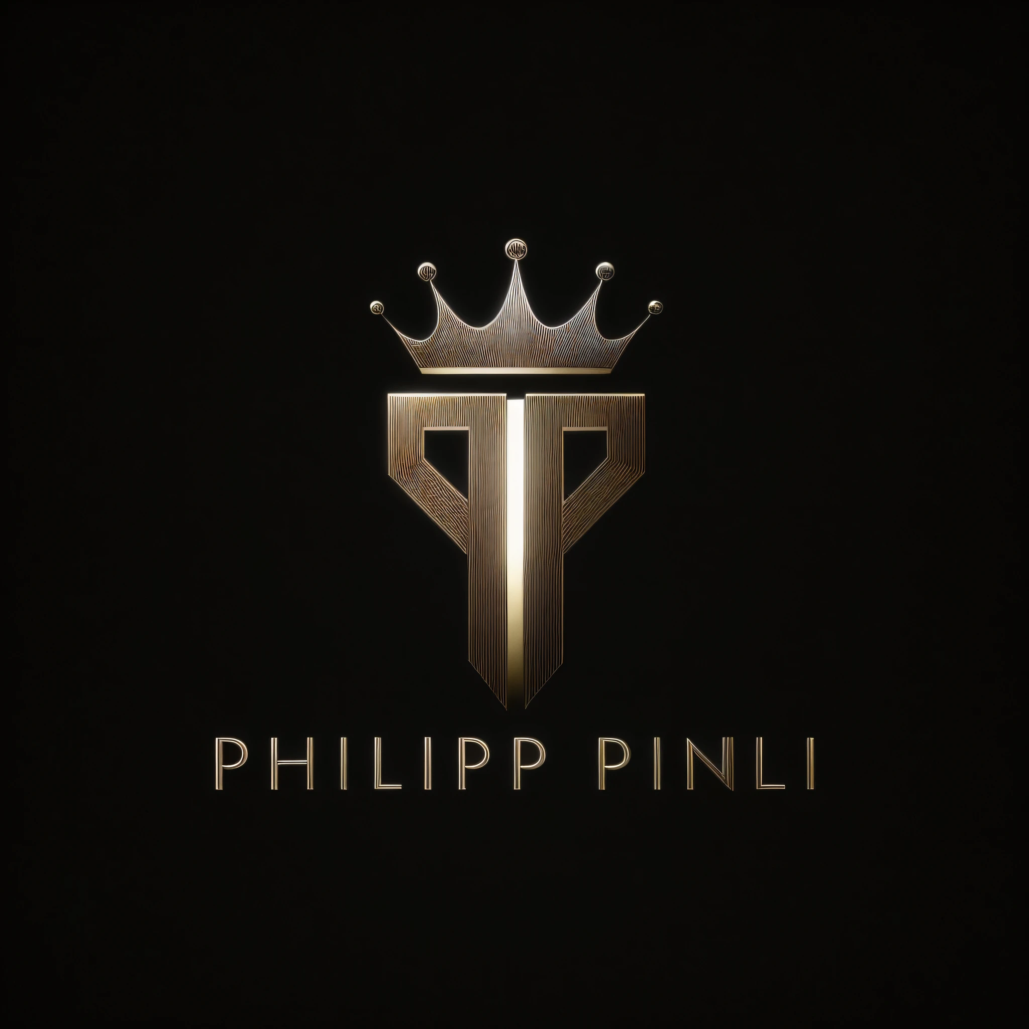 A black and white logo, metallic, three-dimensional. Atmospheric, textured, with a crown on it, crown with jewels, Giuseppe Dangelico Pino, Pininfarina, minimalist logo, Philippe K D, inspired by Philippe de Corinke, Philippe Peter Price, solid color background, Fritz Puenpin, inspired by Francesco Filippini, inspired by Philippe Peter Price, round logo, logo design, simple logo
