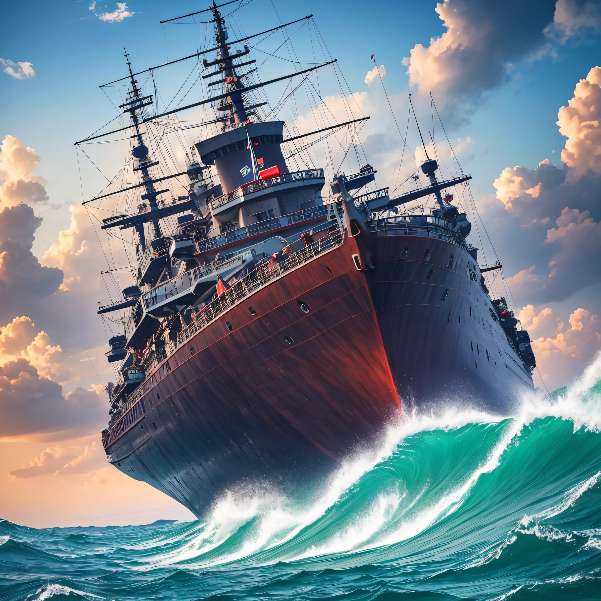 arafed ship in the ocean with a sky background and a caption in the foreground, 千 葉 雄 大, the robot is captain of a ship, the photo was taken from a boat, queen of the sea mu yanling, 王琛, we can see the sea, trailer, ultrawide angle cinematic view --auto --s2