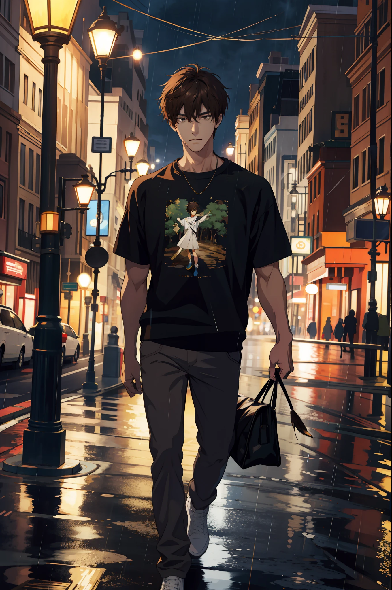 (ridiculous, tall, super detailed), 1 male, adult, han, tall muscular male, broad shoulders, delicate and detailed eyes and detailed face, full body, brunette hair, short hair, brown eyes, sweatshirt, feather ornaments, decadent, eyes, tired, t-shirt, forest, street light, street, night, rain, fantastic light and shadow, landscape, full body portrait, two-dimensional, brunette hair, , yandere, anime style, depth of field, retina, ccurate, best quality, high quality