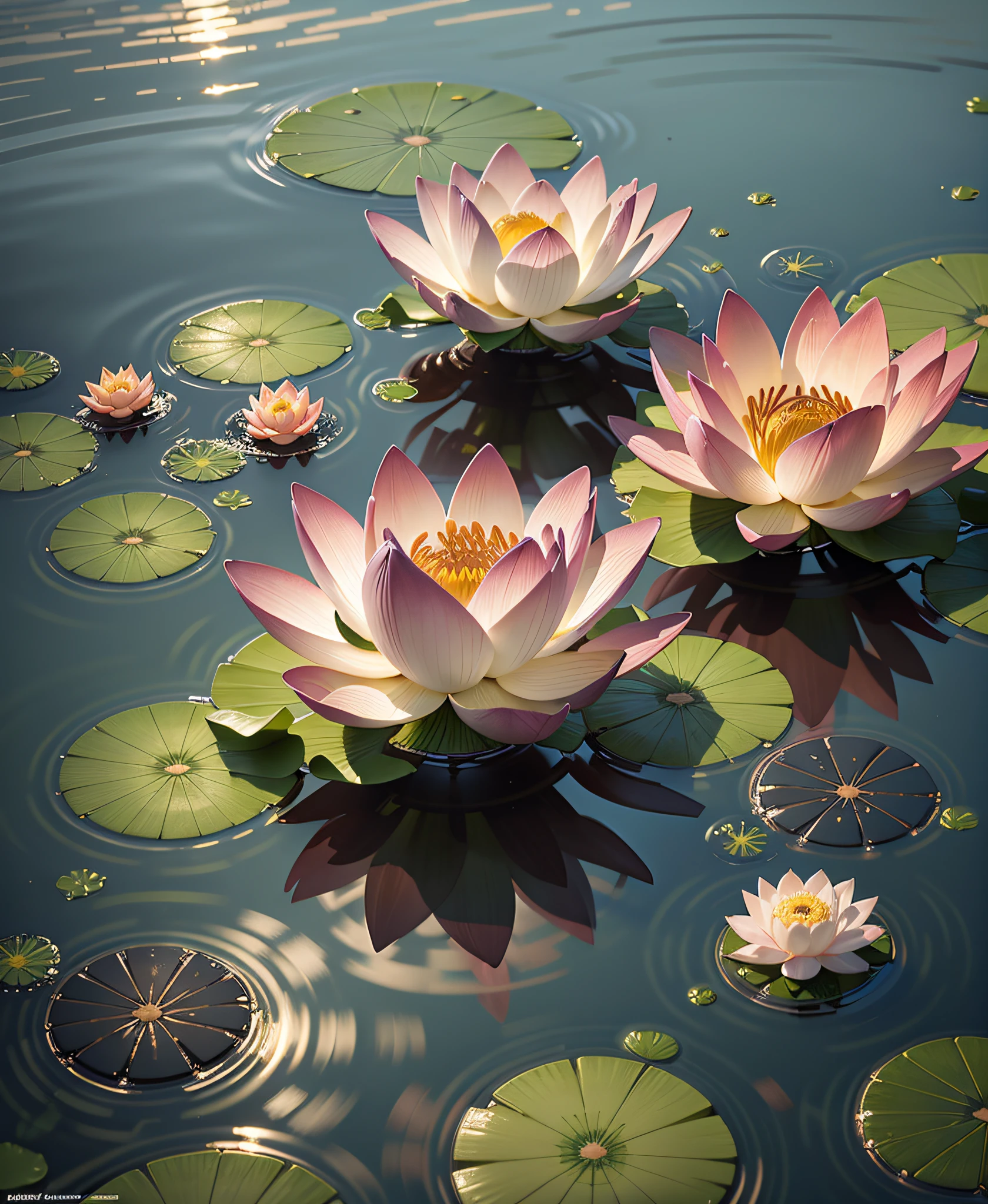 top wiew on lotus flowers on the water surface, highly detailed render, concept art, octane render, sunny mystical atmosphere
