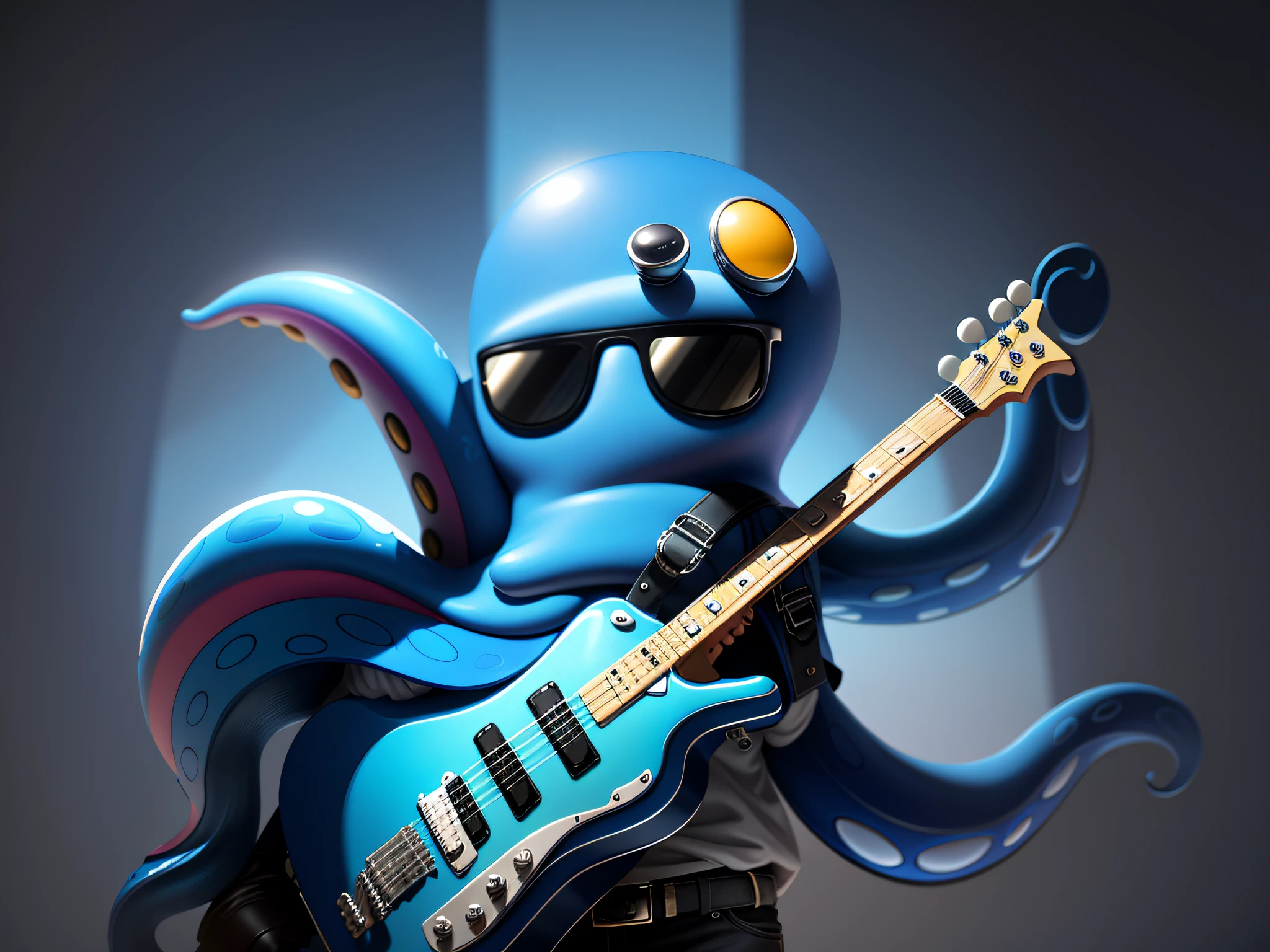 Blue cartoon octopus playing guitar wearing sunglasses, anthropomorphic blue octopus, step and tentacles, blue octopus, blue octopus, supernova blue octopus, cthulu, rock, he is a rock star, octopus-like alien, blue octopus