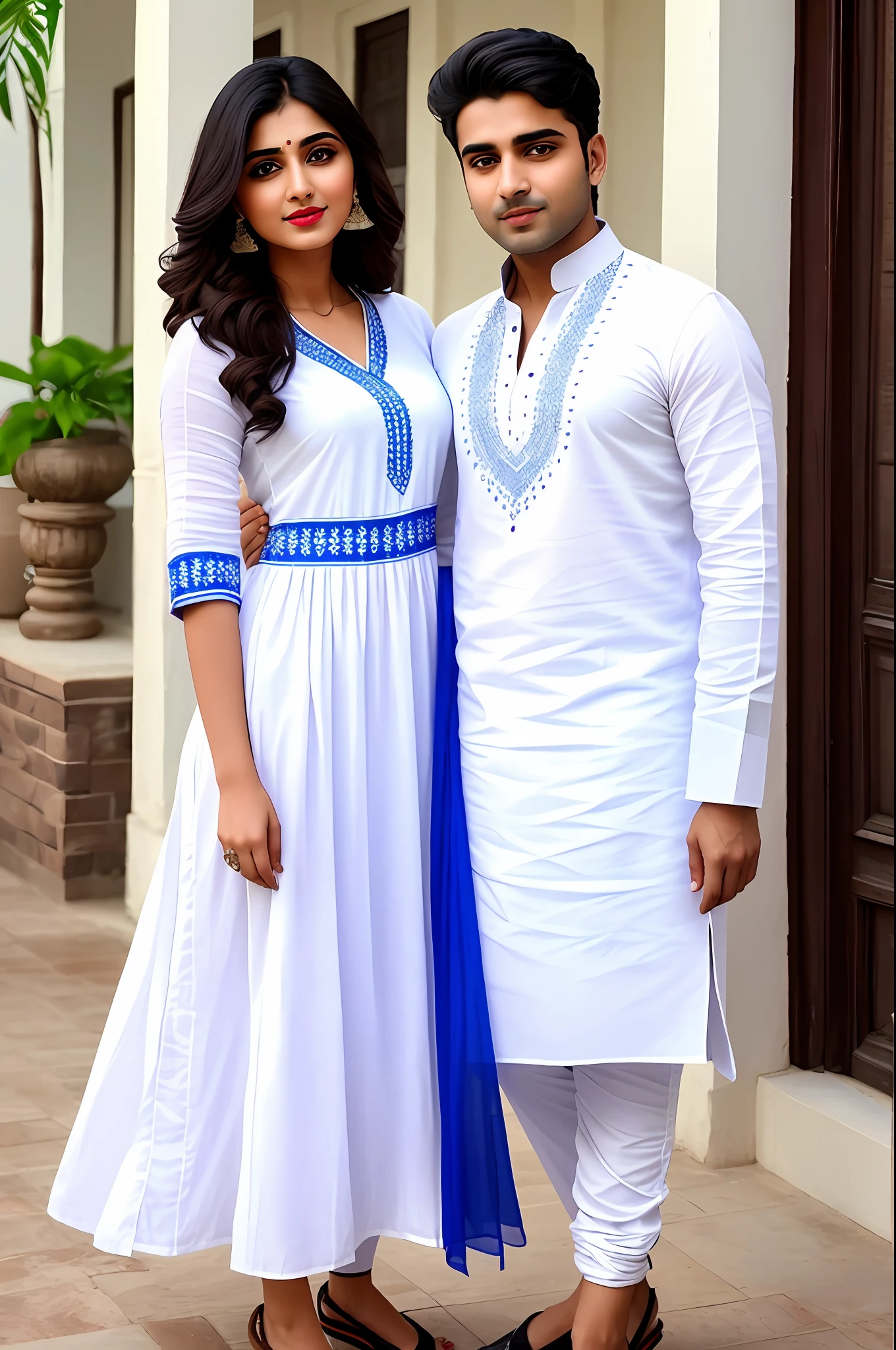 A man  wear white kurta with Indian girl beautiful face with lipstick wear Indian  light bluedress full body pose in front of camera realistic masterpiece image