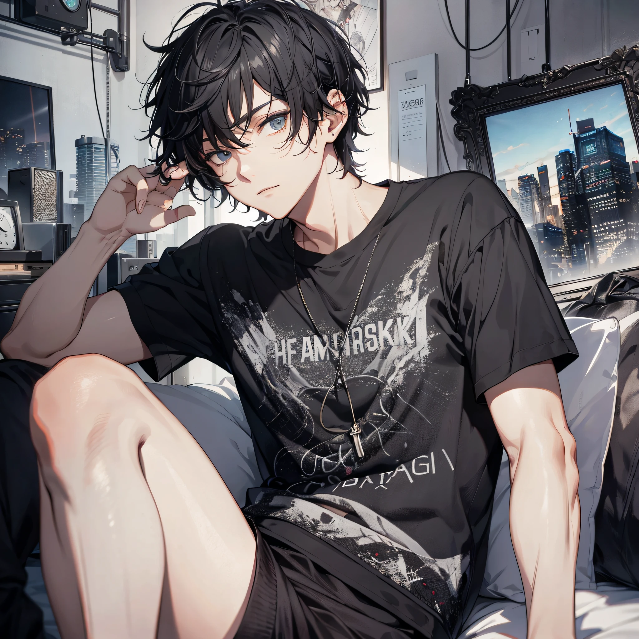 Absurd resolution, high resolution, (masterpiece: 1.4), hyper-detail, night, young man messy short black hair, black casual clothes, eerie room, lying in bed, holding an alarm clock