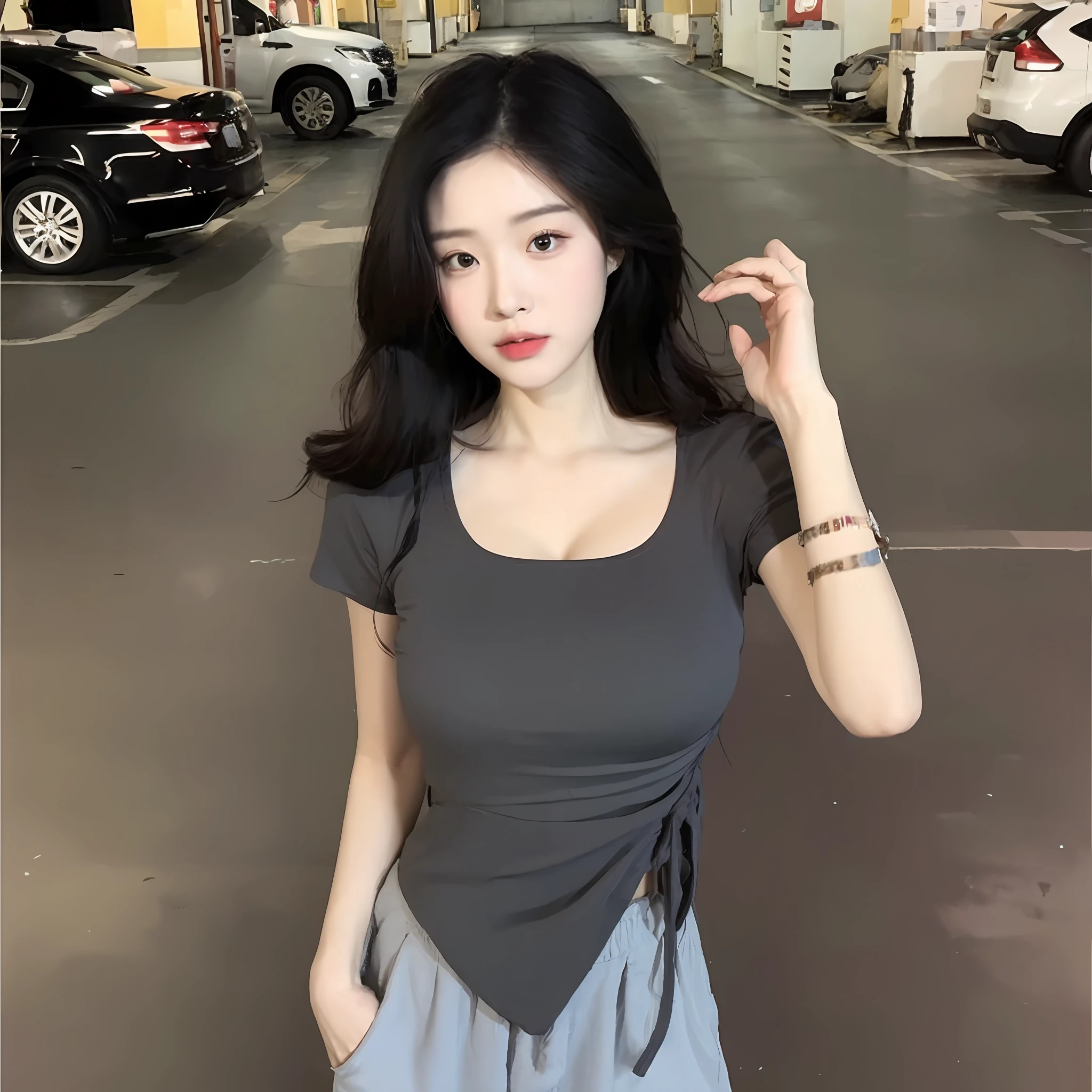 ((Best Quality, 8K, Masterpiece: 1.3)), (Flower Cap: 1.3), Focus: 1.2, Perfect Body Beauty: 1.4, Buttocks: 1.2, (Layered Haircut: 1.2)), (Dark Street: 1.3), Highly detailed face and skin texture, Full body, Fine eyes, Double eyelids, Whitened skin, Long hair, (Round face: 1.5), (Loose crop top, Shorts: 1.6) cleavage protruding pleated skirt Big breasts leaking long legs