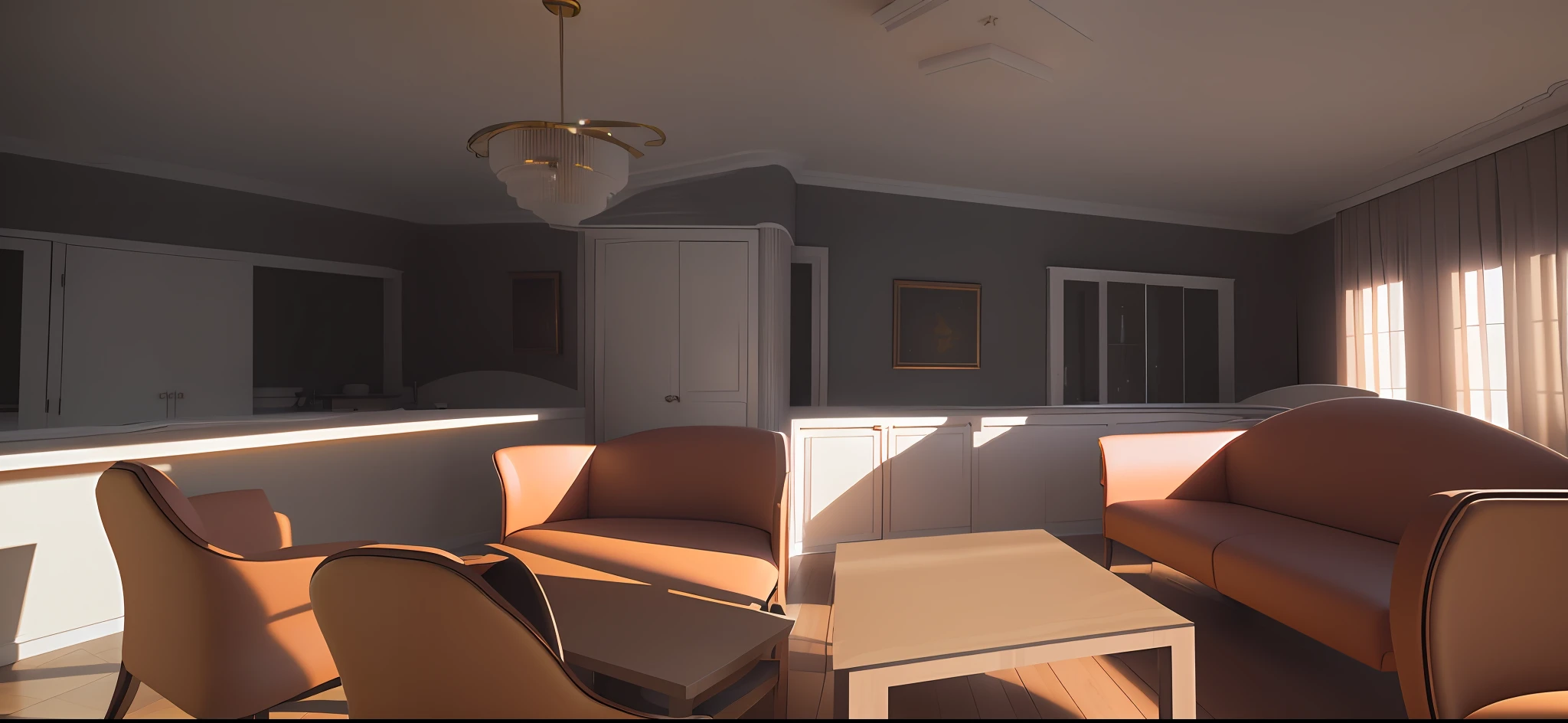 there is a drawing of a dining room with a table and chairs, rendered lighting, raytraced 3d set design, modeled lighting, 3 d render even lit, detailed 3d render, detailed 3 d render, backside of scenography elements, raytraced lighting, dramatic lighting render, 3d final render, diffuse lighting, ambient reflective occlusion