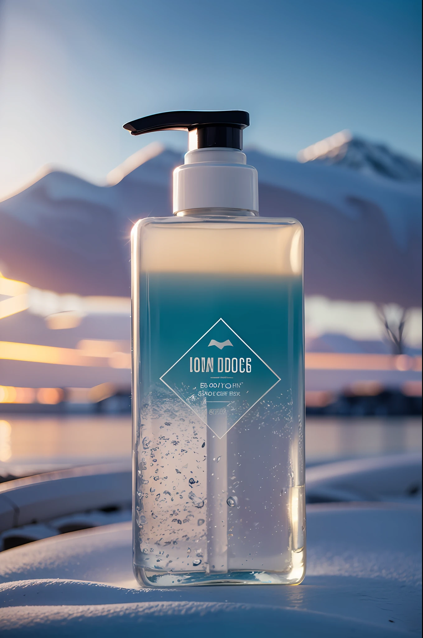 A bottle of bath gel on snow, cool, iceberg, blue sky, soft light, e-commerce design, canon, best quality, high resolution, super detail, high detail, commercial goods photography