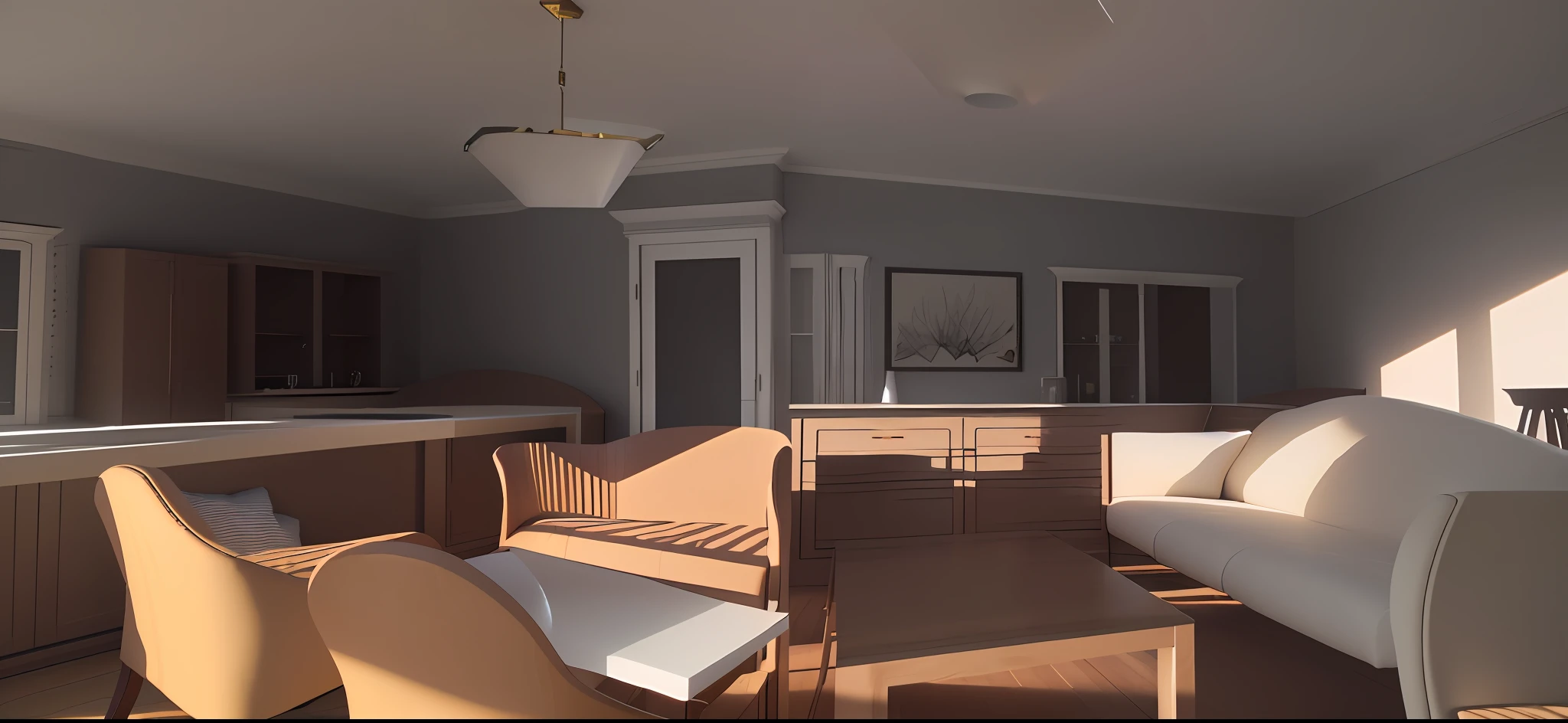 there is a drawing of a dining room with a table and chairs, rendered lighting, raytraced 3d set design, modeled lighting, 3 d render even lit, detailed 3d render, detailed 3 d render, backside of scenography elements, raytraced lighting, dramatic lighting render, 3d final render, diffuse lighting, ambient reflective occlusion