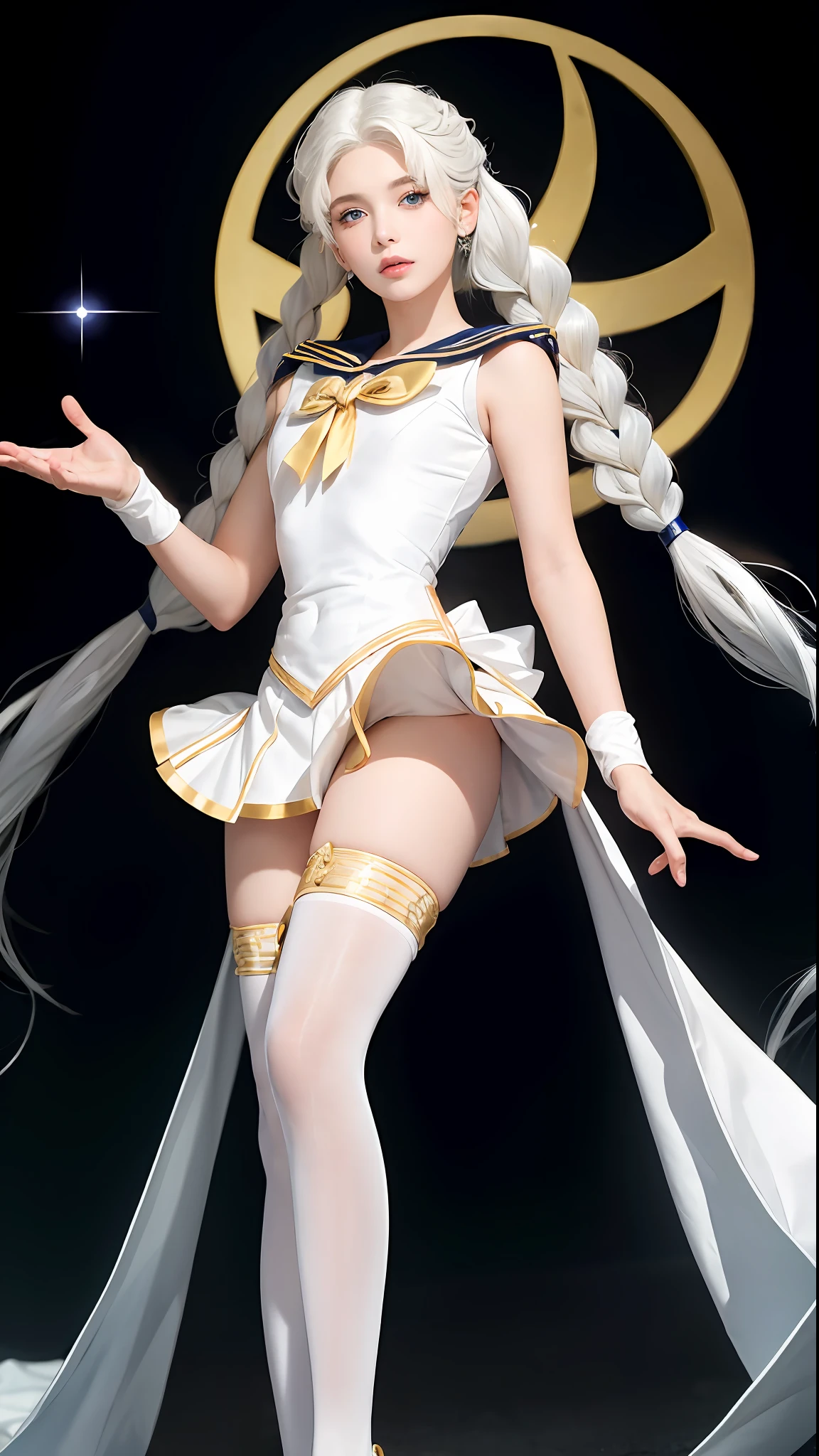 Excellent, masterpiece, white hair, golden eyes, sailor Moon suit, looking up, hair, fair skin, side braids, legs open, clothes bulging, (from the front)