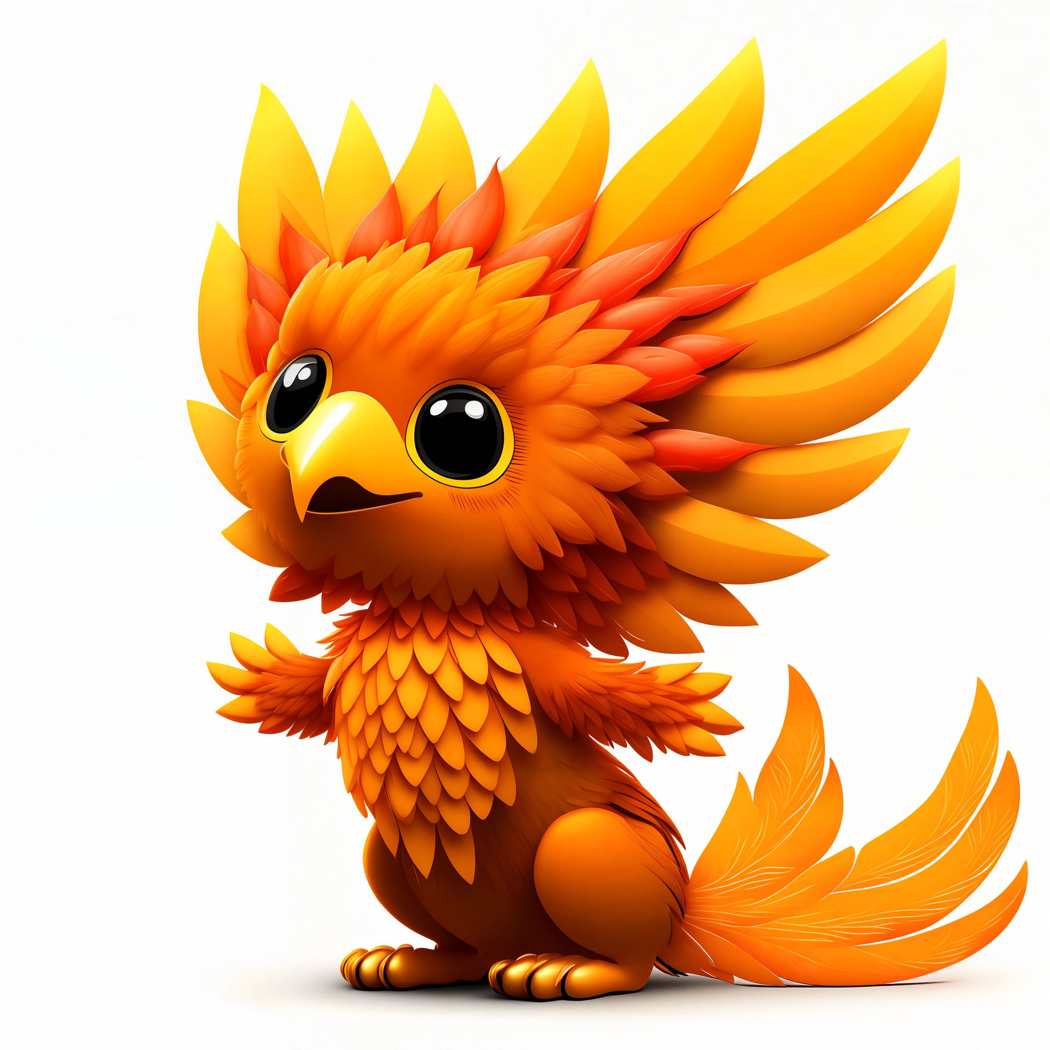 Cute baby phoenix, orange yellow feathers, with fiery feathers, neck sunflower petals, spread wings, cartoon mascot, paws, warm lights and firm mood white background, 8k, CMYK - borderless
