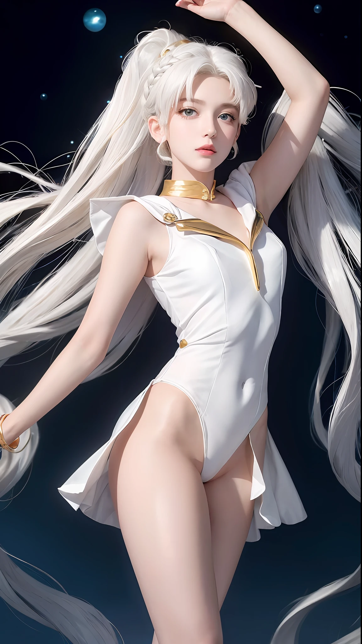 Excellent, masterpiece, white hair, golden eyes, sailor Moon suit, looking up, hair, fair skin, side braids, legs open, clothes bulging, (from the front)