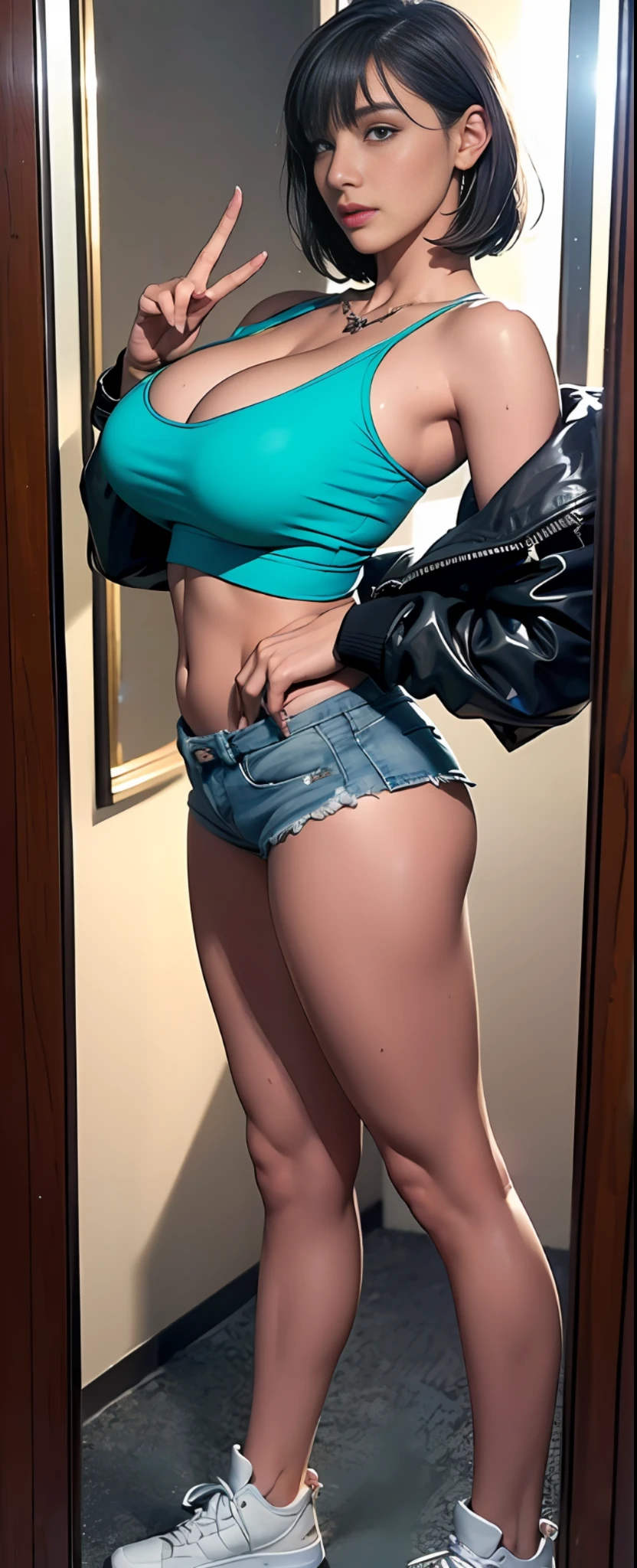 beautiful girl, (perfect face), bangs short hair (blonde) (wet hair), earrings, wet face, defined jawline, beautiful green eyes, necklase, cyan nails, beautiful lips, sexy, oiled body, realistic, jacket with cropped cleavage shirt and denim shorts, mirror selfie, perfect detailed shoulder, very huge breast, very big breast, teasing, soft natural breast, realistic breast physics, god rays, detailed skin, realistic shadows, unreal engine 5, cinematic color filter, sneaker shoes, night time, light bulb, standing up, full body pose, heels, detailed bright skin, sexy detailed stomach, belly button, detailed ass, seductive eyes, smirk