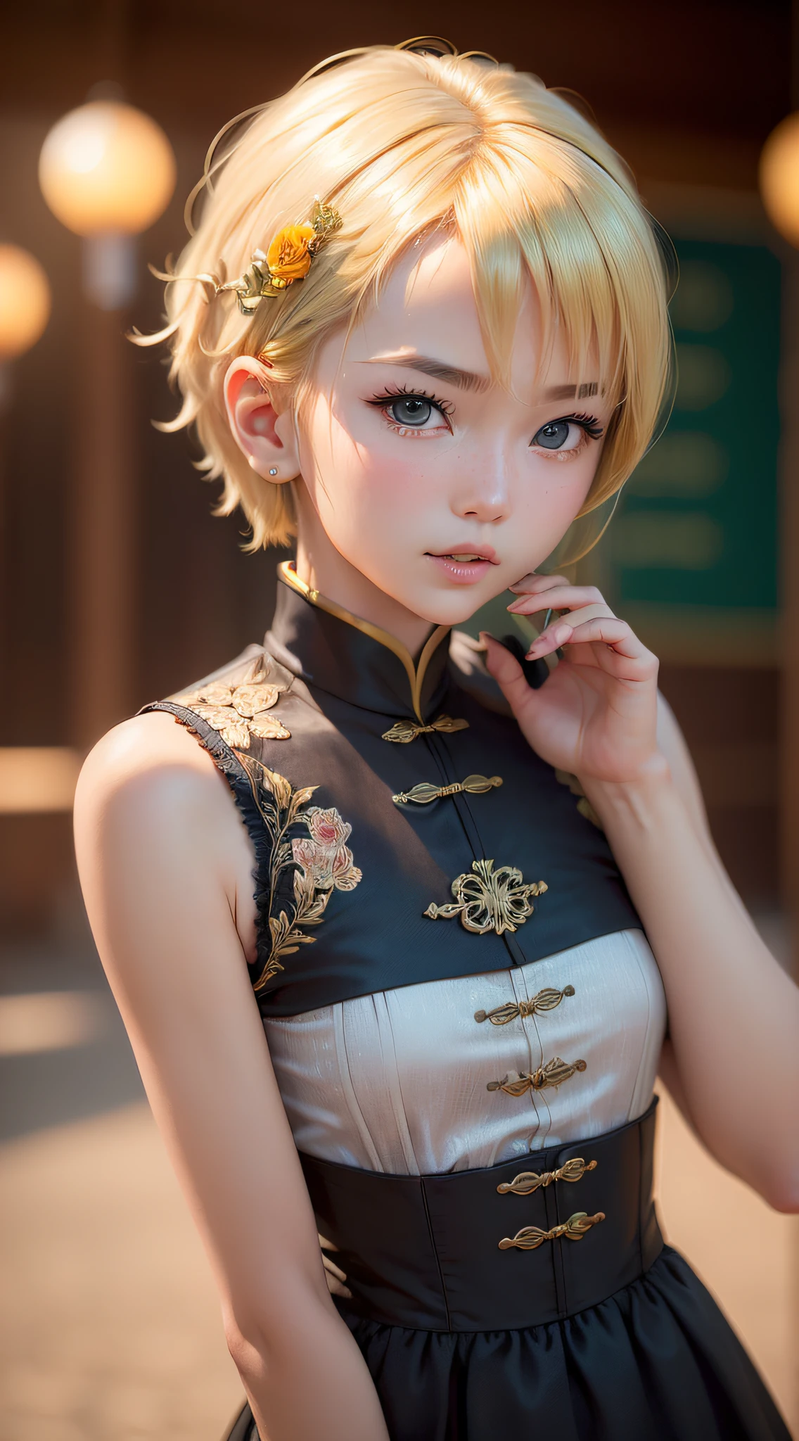 (yinchuan:1.5), Close-up, Masterpiece, Best quality, Raw photo, Photorealistic, Face, Incredibly ridiculous, Beautiful girl, Cute, Blonde short hair, Depth of field, High resolution, Ultra detail, Fine detail, Very detailed, Very detailed eyes and face, Sharp pupils, Realistic pupils, Sharp focus, Cinematic lighting, duck mouth