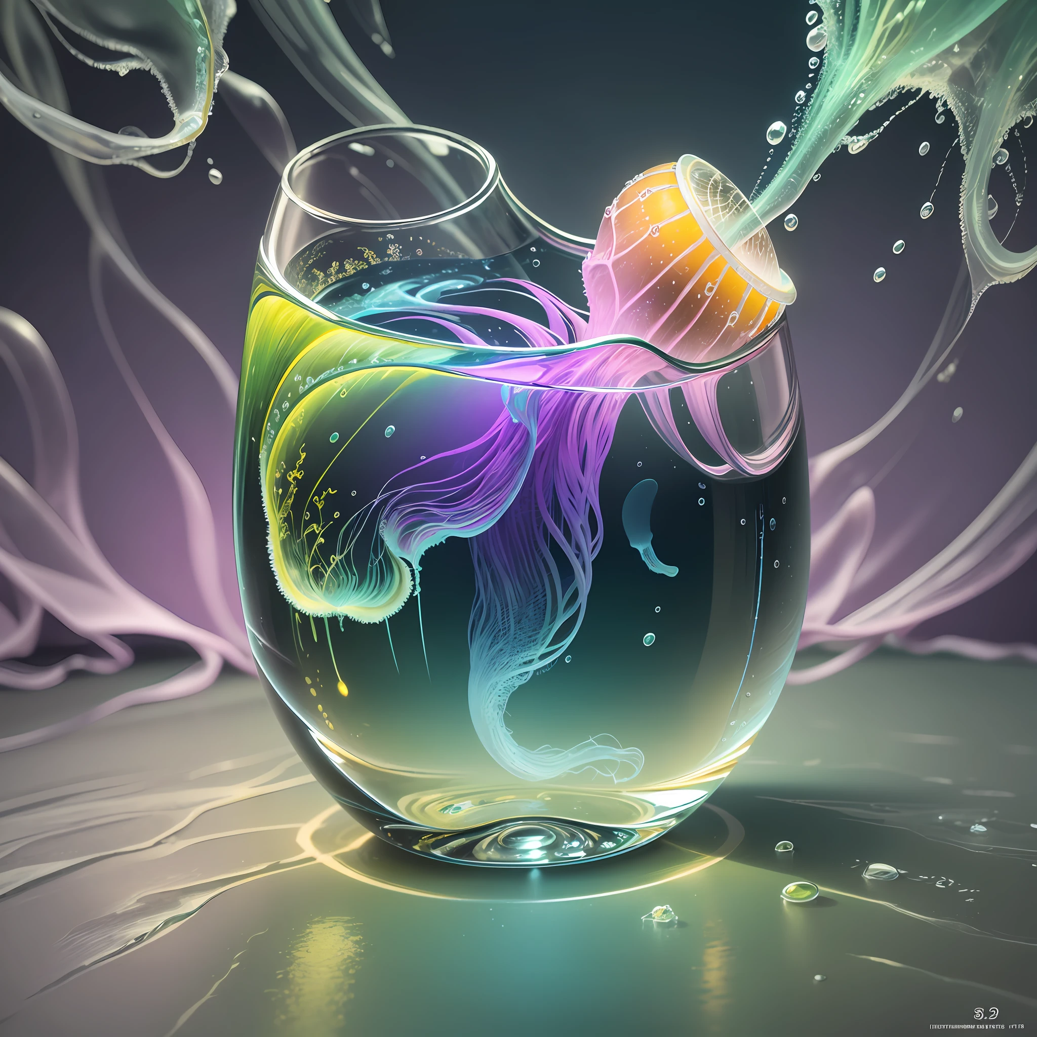 Computer Rendered Graphics, Realistic Fantasy, Extensive Landscape Ultrasound Photography (general view showing glass glass, water, ice, jellyfish), blurred background, gloomy, yellow, green, purple background, pink, warm, magic, "Hyper-realistic textures," "Precise details," "Realistic still life," "Realistic portraits," "Realistic landscapes." --auto --s2