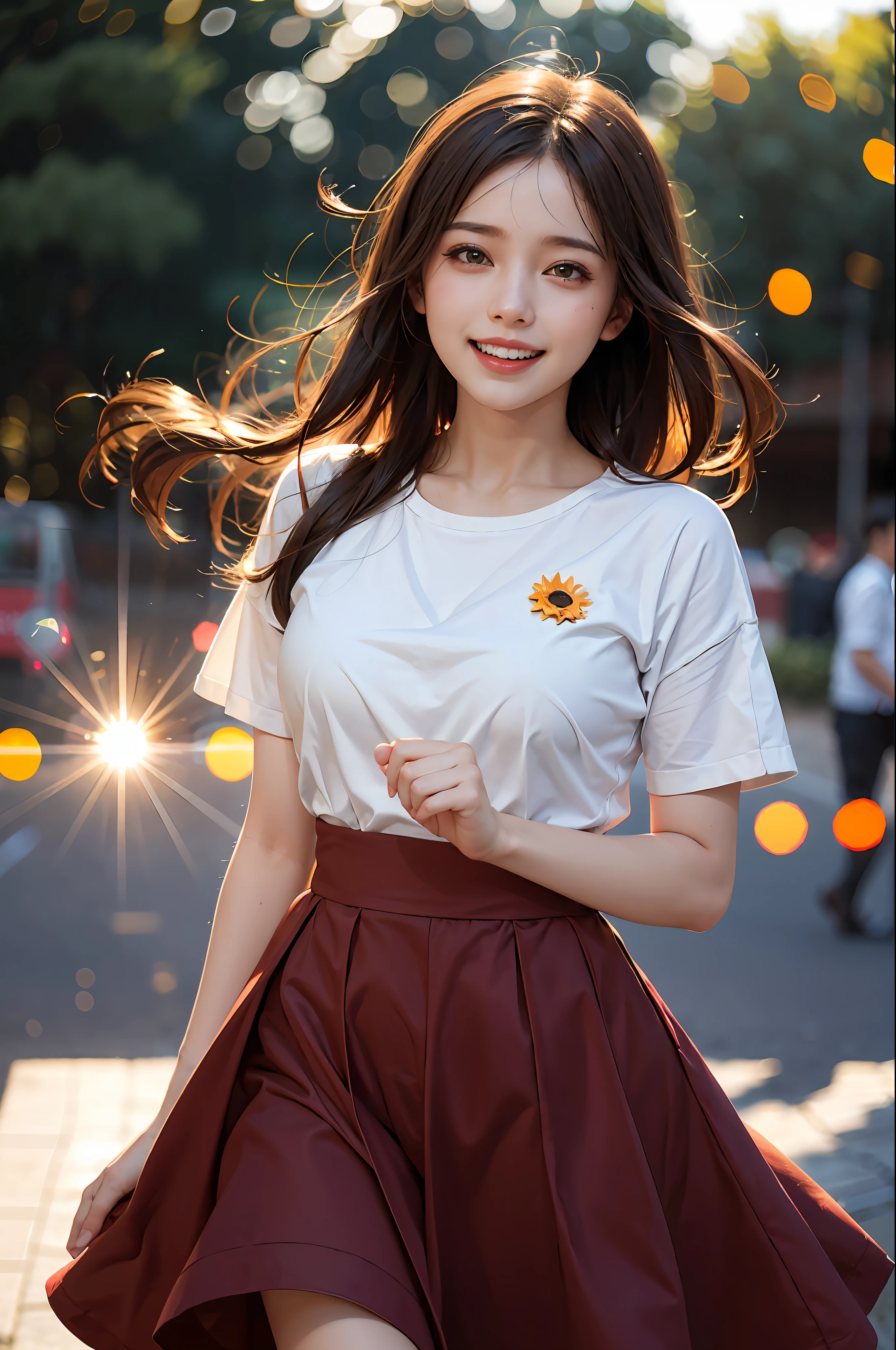 1girl, upper body, (huge Laughing),sweety,sun glare, bokeh, depth of field, blurry background, light particles, strong wind,head tilt,simple background, red background,