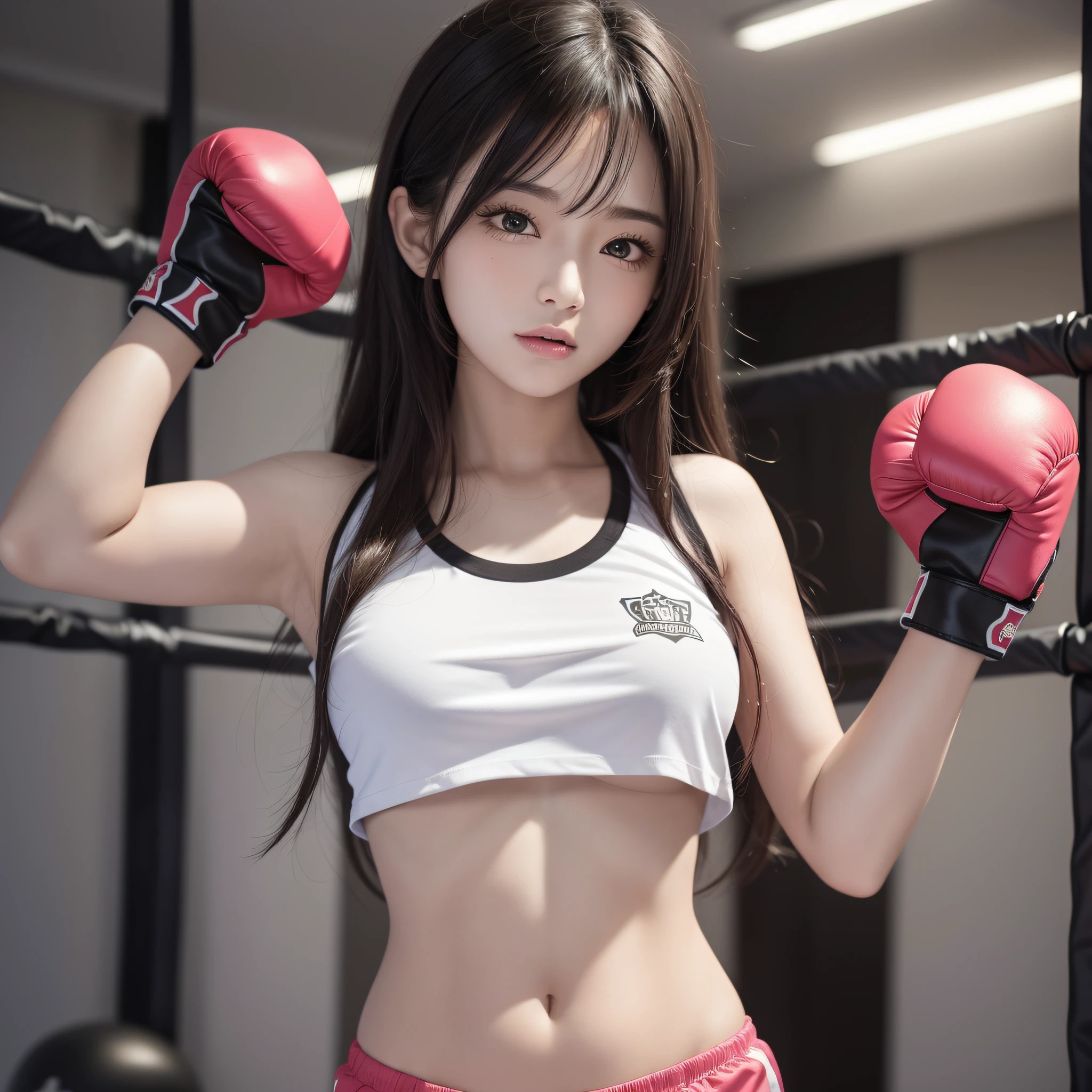 masterpiece, top quality, (realistic, photorealistic: 1.4), (RAW photo: 1.2), very elaborate CG Unity 8K wallpaper, very delicate and beautiful, wonderful, attention to detail, official art, absurdity, incredibly ridiculous, huge file size, very fine, very elaborate, beautiful eyes and face, beautiful elaborate eyes, light on the face, one girl, Long Hair, (Pom) Navel, Upper Body, pink and yellow Short Sleeved navel-baring T-Shirt, Boxing Gloves, Bare Arms, Bangs, Boxing Gym, Boxing Ring, ULZZANG-6500-v1.1