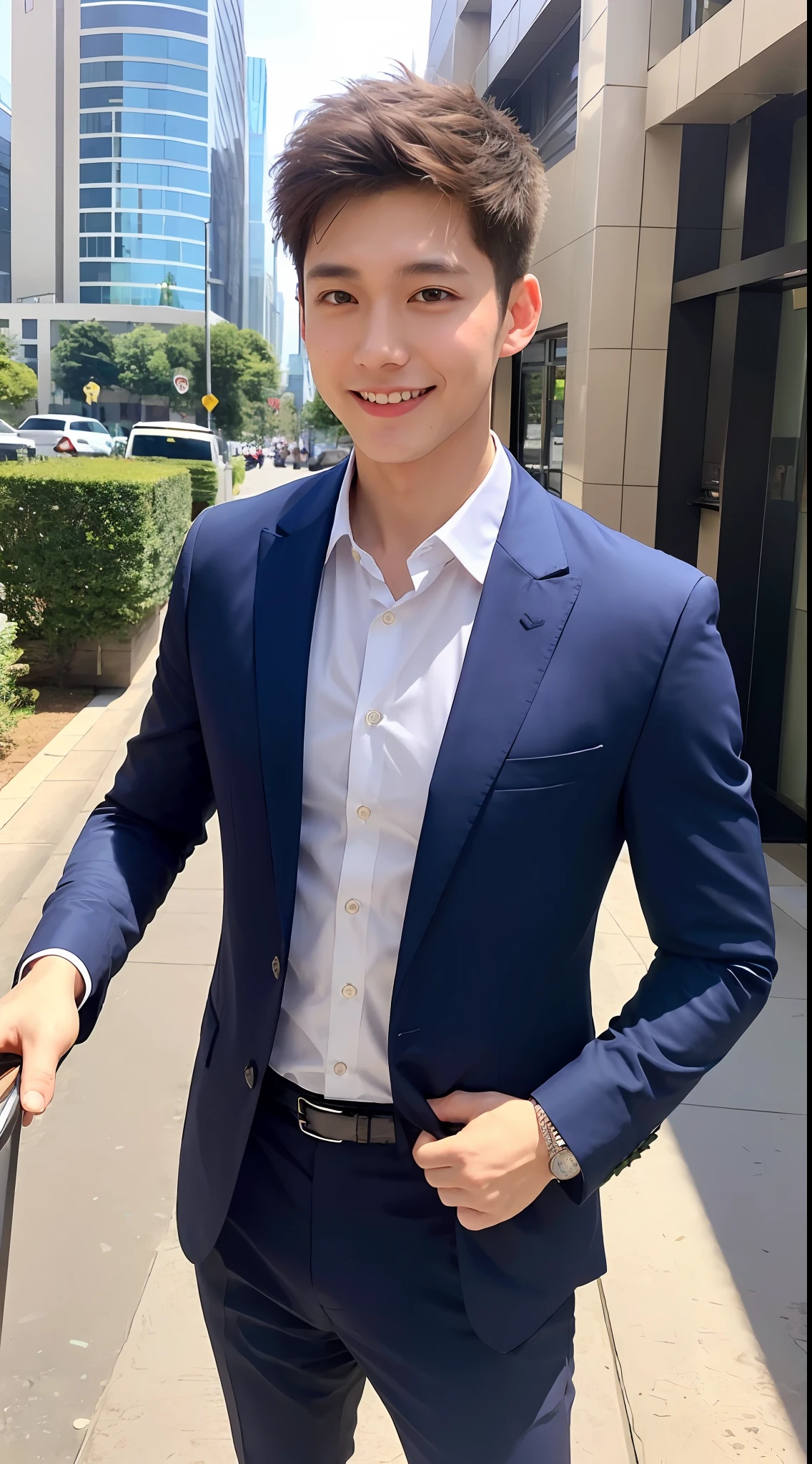 1boy, 25 years old Asian male, (male: 1.5), big eyes, detailed eyes, fine face, (very short hair: 1.3), under_cut, ((shirt)), ((suit)), (handsome, sharp), smile,))), (stout muscular body), (stout physique), outdoors, detailed background, modern city, real image