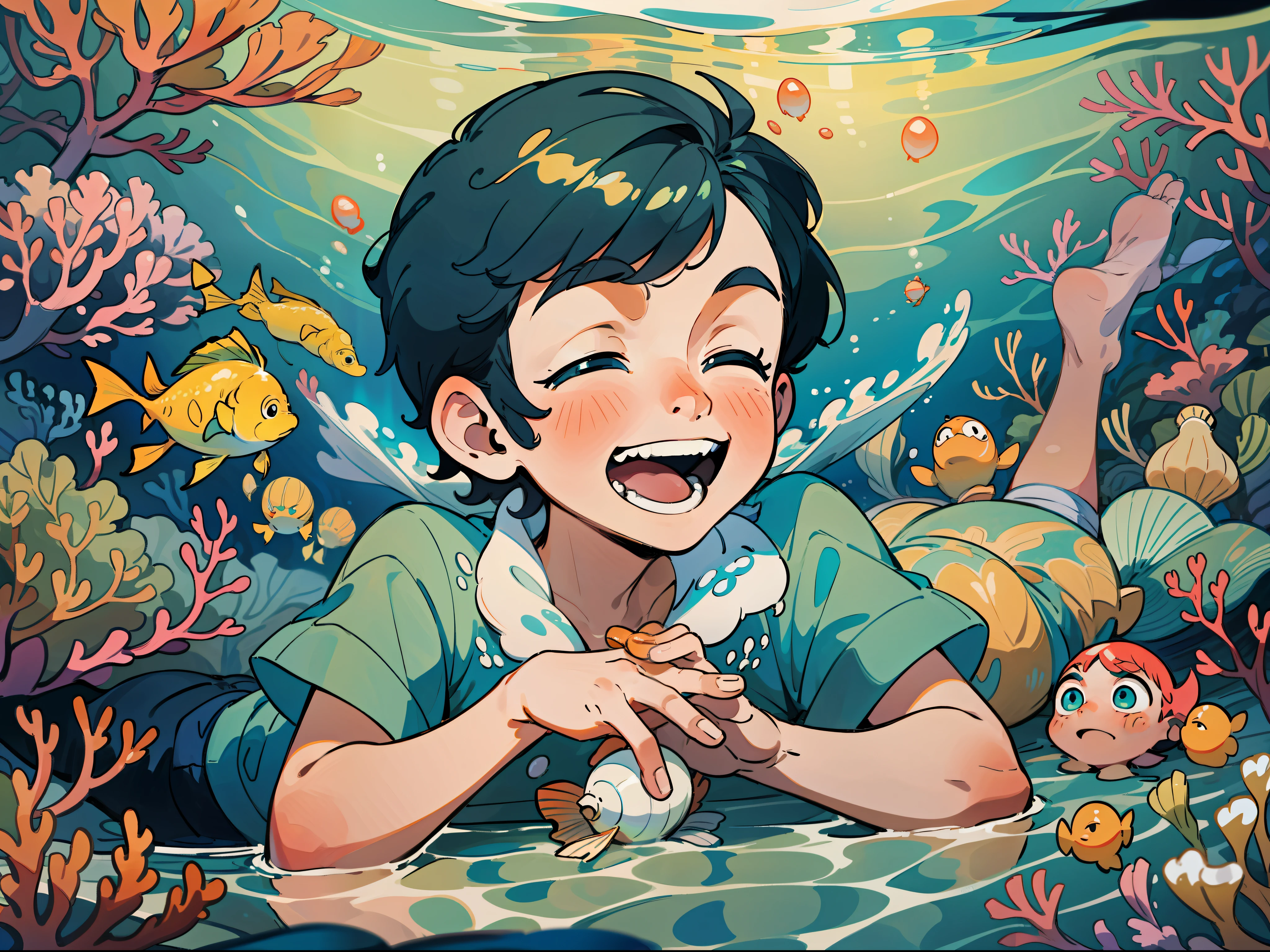 Under the sea, handsome  boy lying on his stomach, wearing short-sleeved shorts, feet up, upper body and face close-up, low perspective, littleaughing happily, little boy ws head down, holding shells and pearls in his hands, wonderful underwater nature, picture book style, aesthetic, HD, fish floating, dream, illustrations