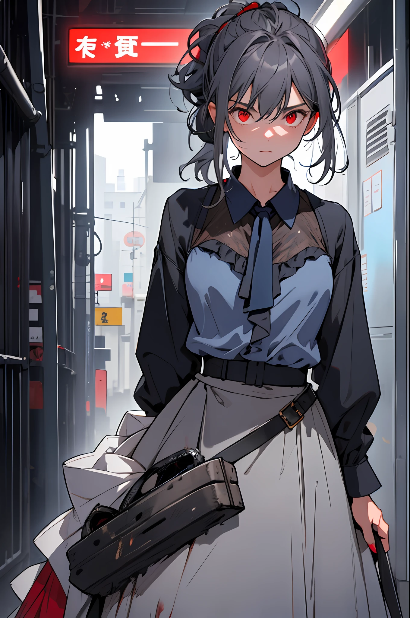 Dark blue(((1girl))), ((((solo)))), ((messy hairstyle)), standing taking a picture, (((dark gray hair)), red eyes, soft blouse